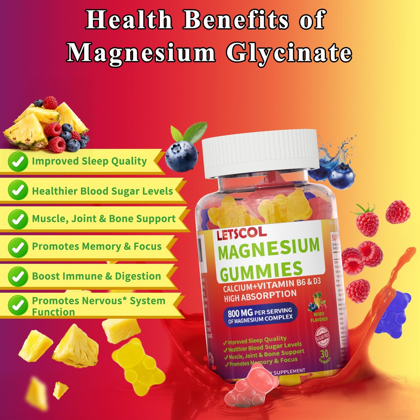 LETSCOL Magnesium Glycinate Gummies 30 Count