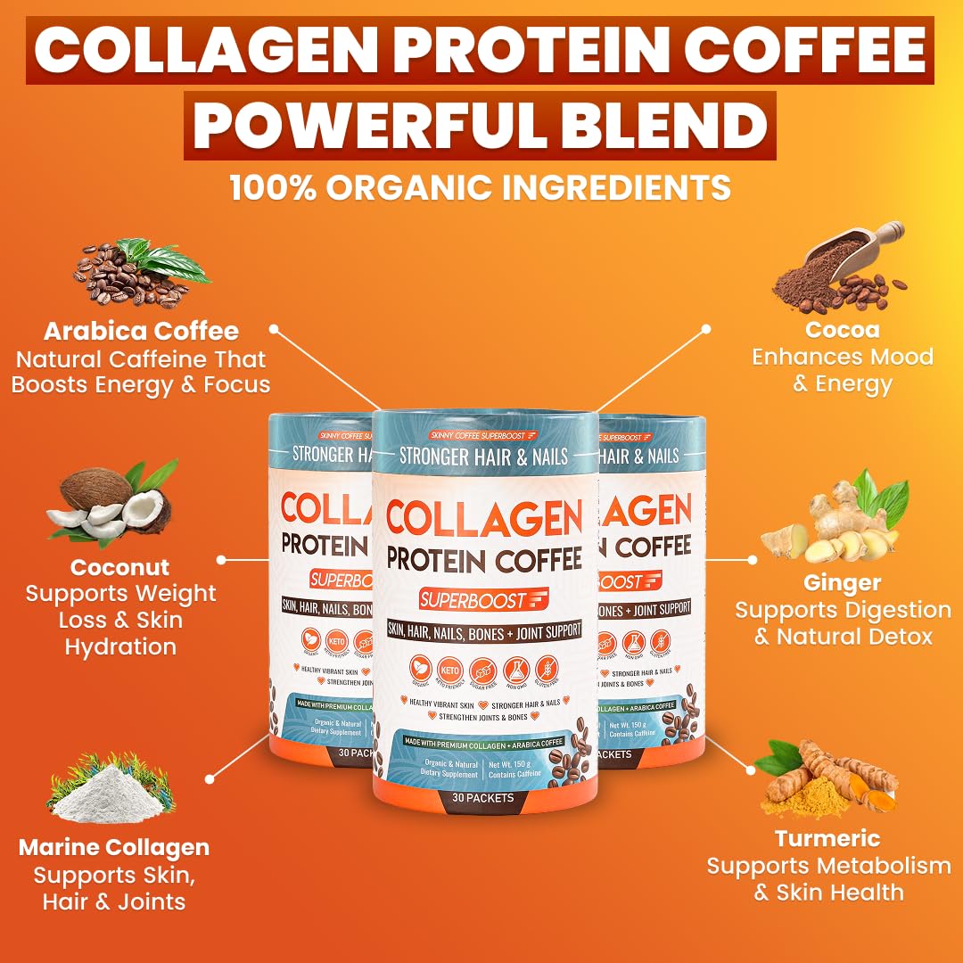 Skinny Coffee SuperBoost Collagen Protein Coffee Powder, 30 Servings