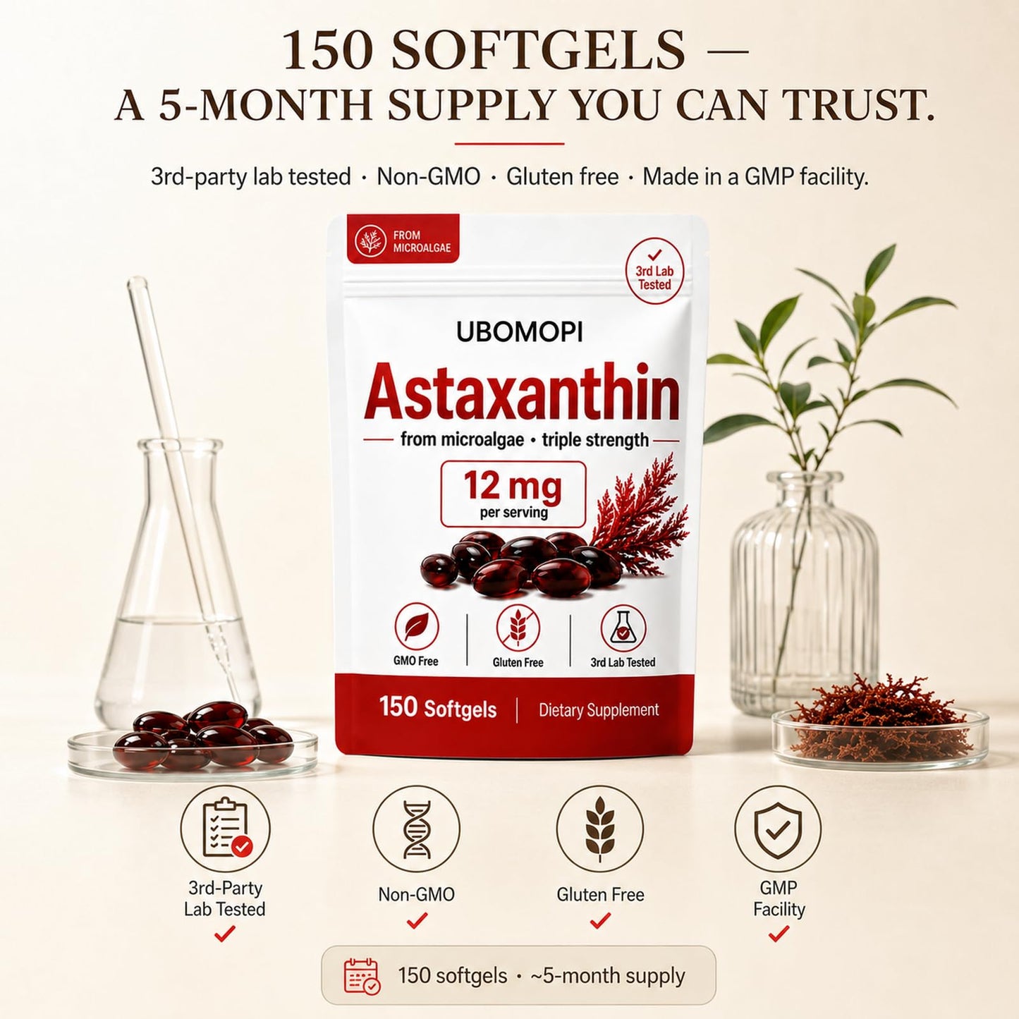 UBOMOPI NuvaPure Astaxanthin 12mg Antioxidant Supplement Softgels, 150 Softgels