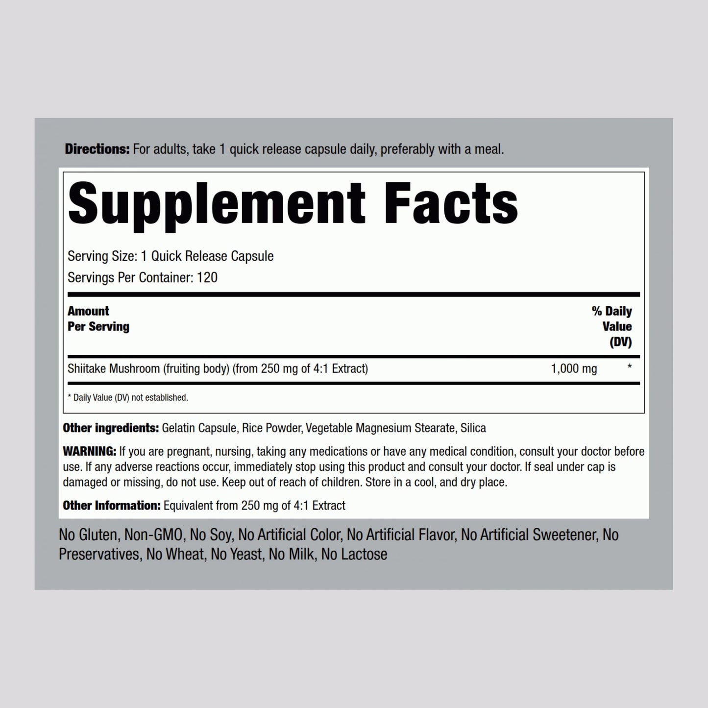 Piping Rock Shiitake Mushroom Supplement Capsule 120 Count