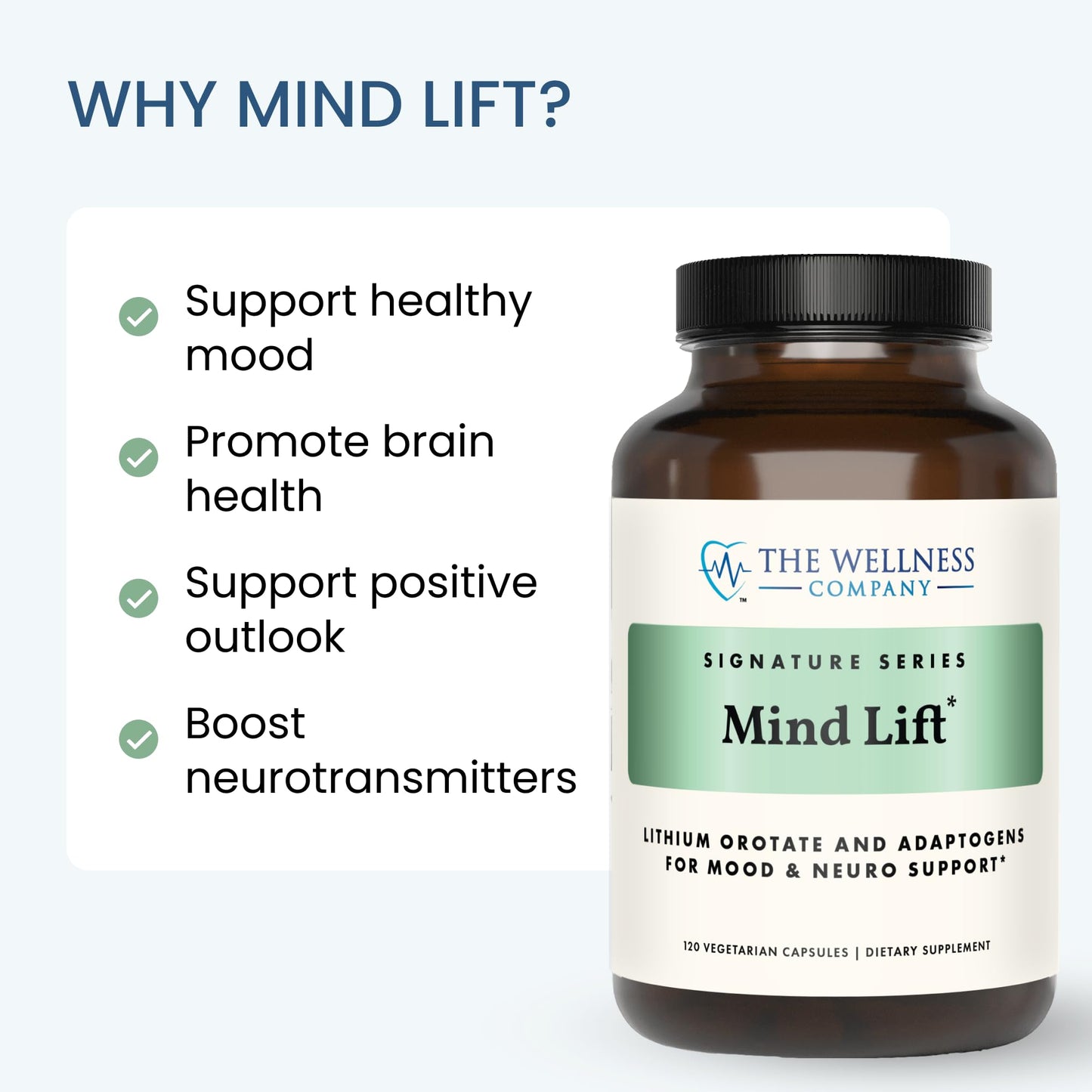 The Wellness Company Mind Lift - Mood Boost, Mental Focus, Cognitive Defense - Lithium, GABA, DHA L-Phenylalanine Capsules, 120 Count