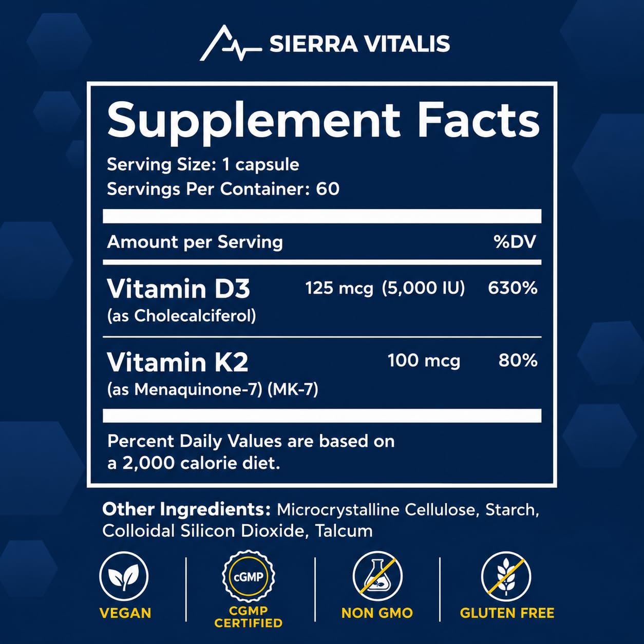 Sierra Vitalis Vitamin D3 K2 5000 IU MK7 100mcg Capsules, 60 Count