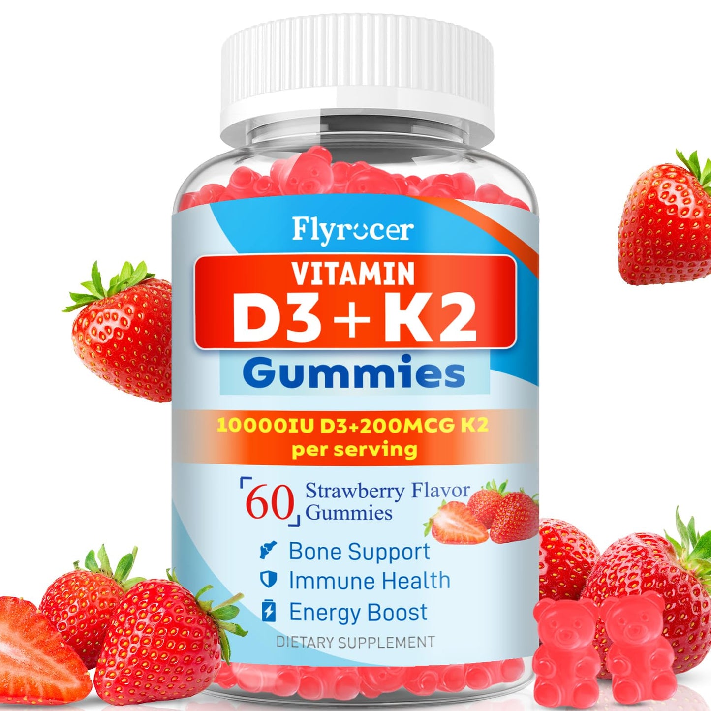 Flyrocer Sugar Free Vitamin D3 K2 Supplement Gummies 60 Count