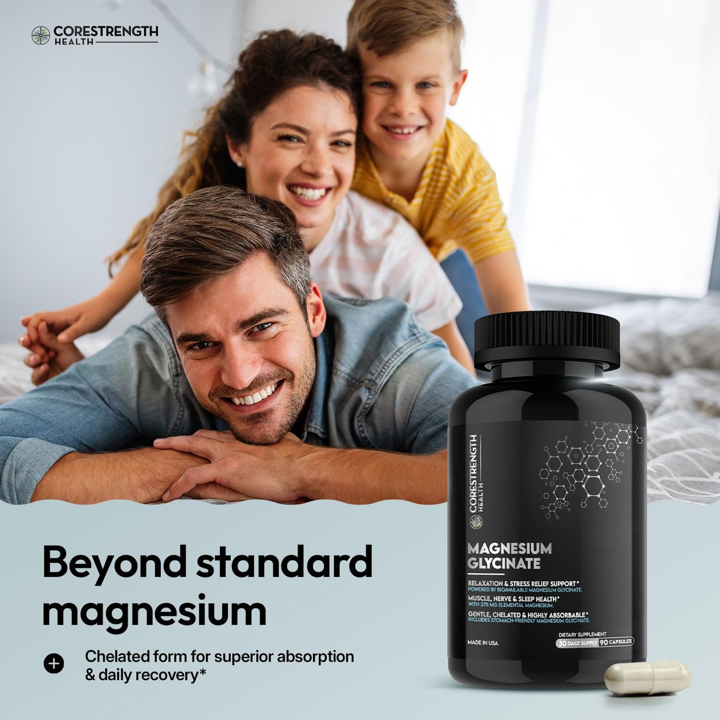 CoreStrength Health LLC Chelated Magnesium Glycinate 275 mg Capsules, 90 Count