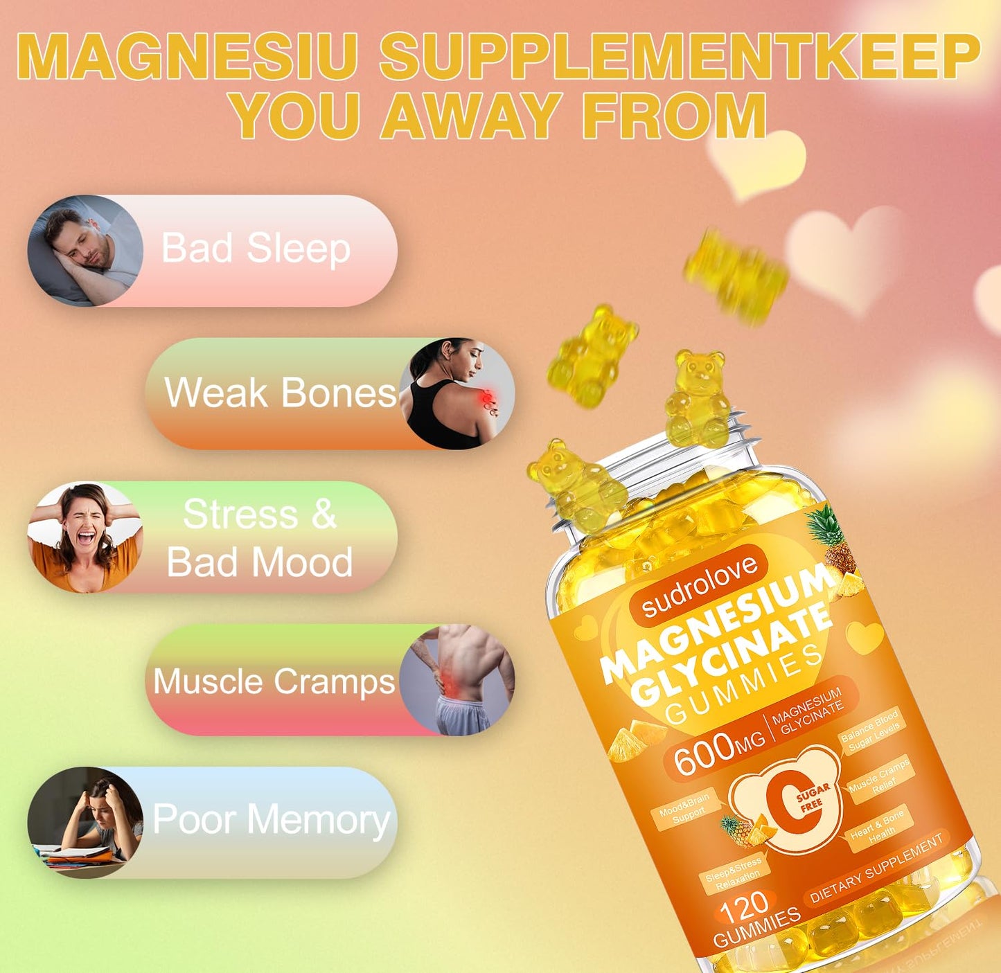 sudrolove Magnesium Glycinate Gummies 600mg per Serving, 120 Count