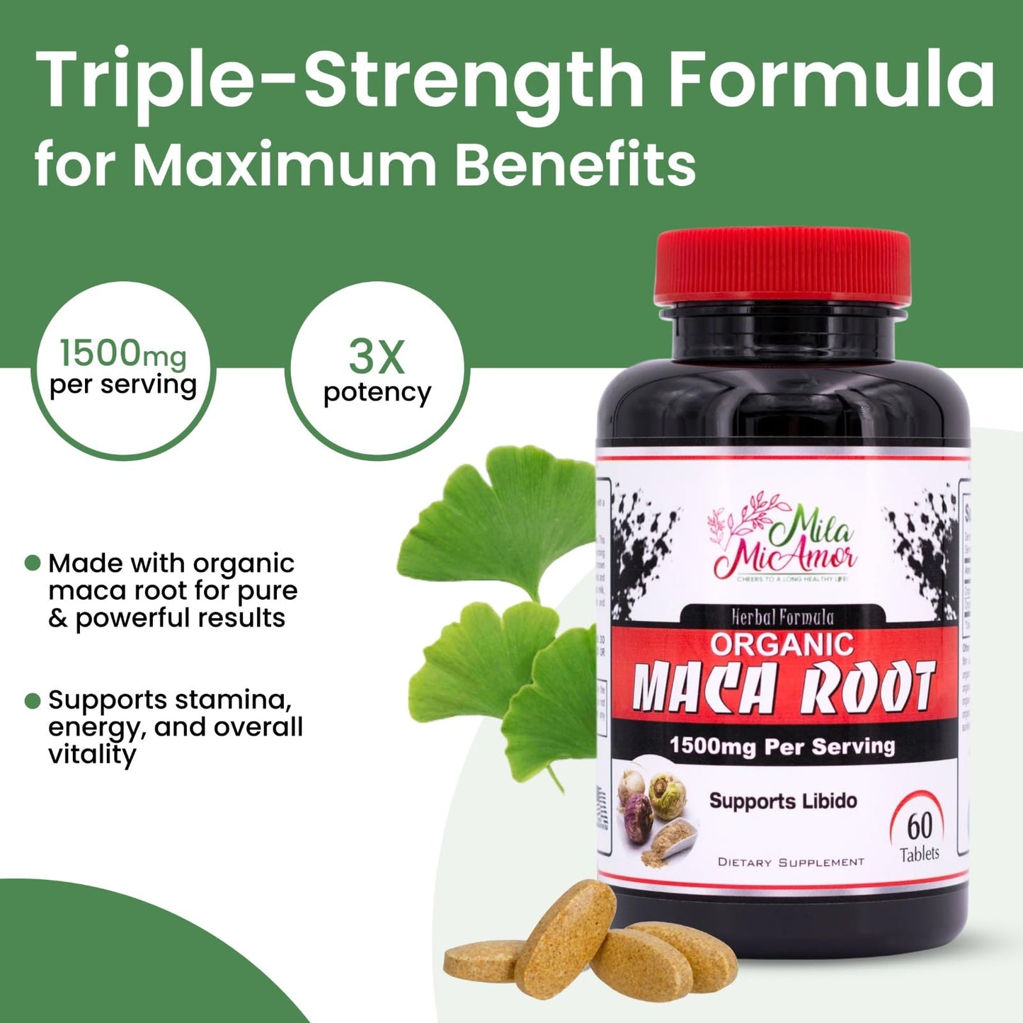 Mila Miamor Organic Maca Root Extract 1500 mg Tablets 60 Count