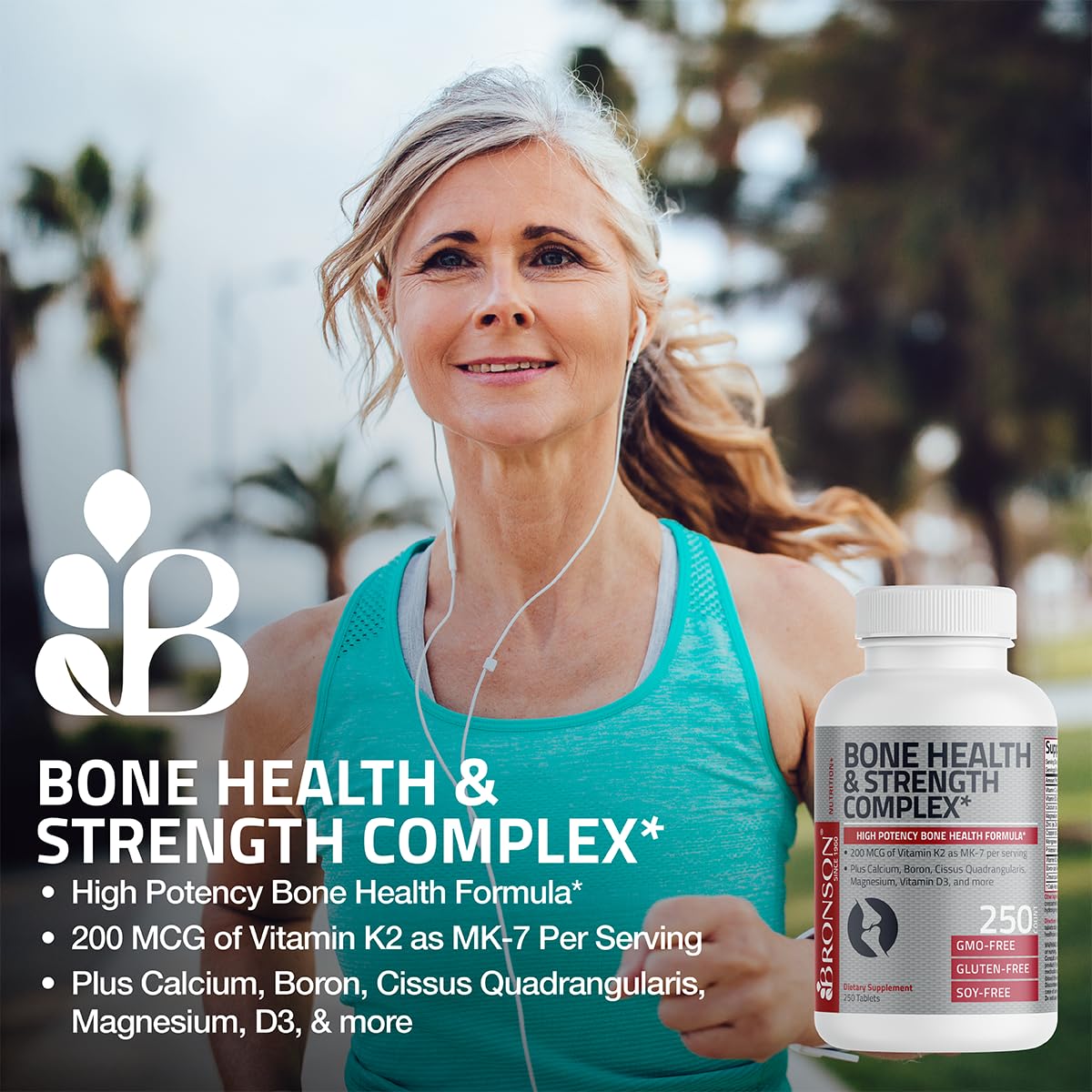Bronson Bone Health & Strength Complex High Potency Formula 200 mcg Vitamin K2 as MK7, Plus Calcium, Boron, Cissus Quadrangularis, Magnesium, Vitamin D3, and More - Non-GMO, 250 Tablets