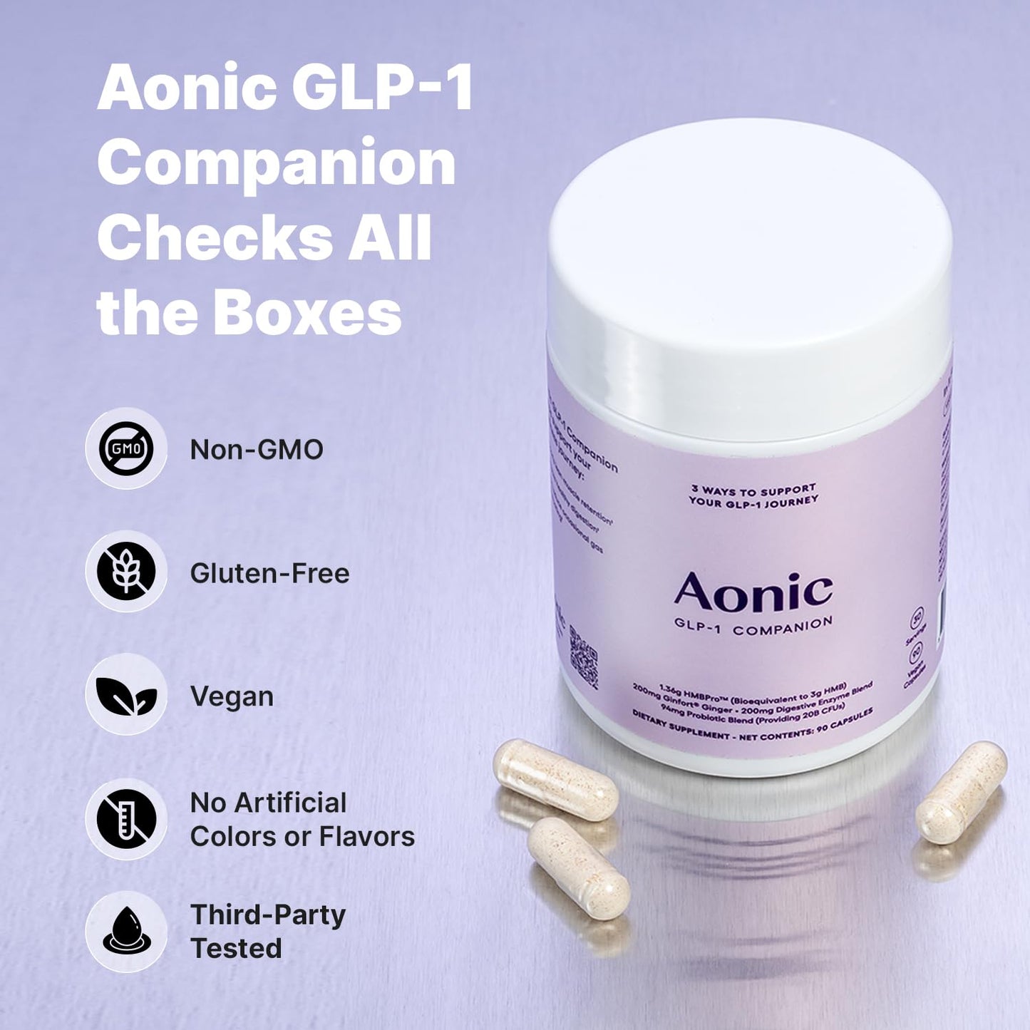 AONIC GLP-1 Companion Supplement HMBPro™ to Support Maintenance of Lean Muscle, Probiotic and Enzyme Blend to Support Digestion, Ginger Extract to Help Reduce Nausea and Bloating, 90 CAPSULES