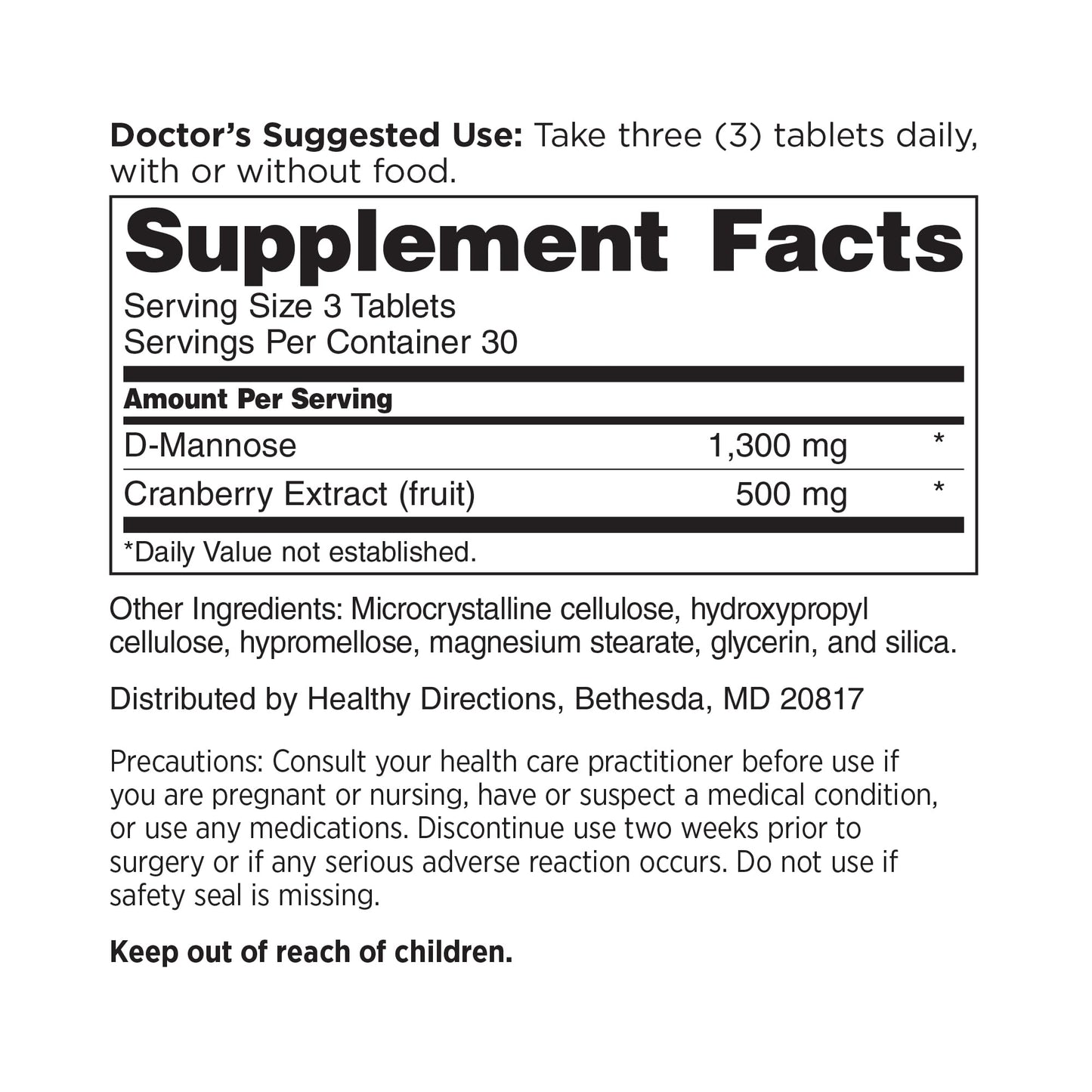 DOCTORS' PREFERRED D-Mannose 1300mg with Cranberry Extract for Urinary Health 90 Tablets