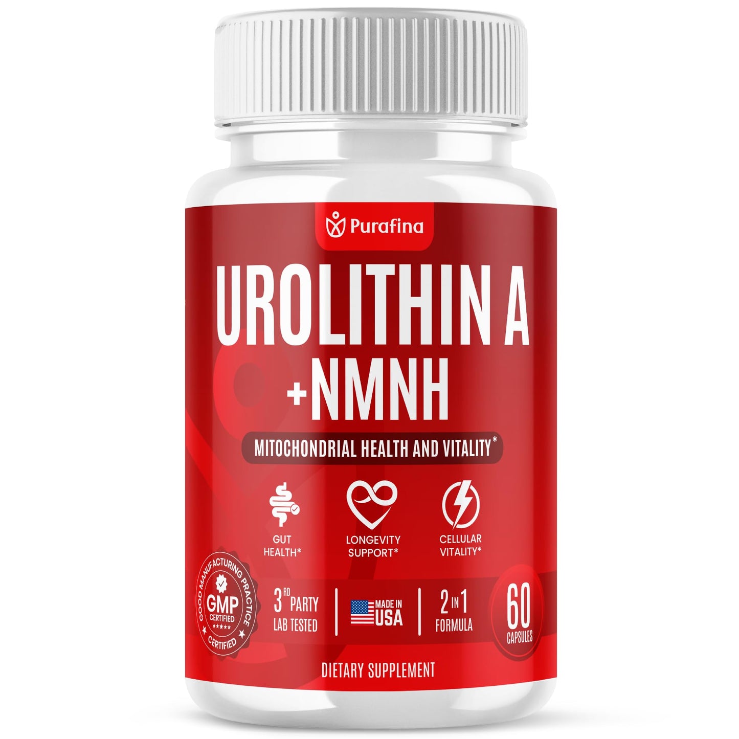 Purafina Urolithin A Supplement with NMNH for Mitochondrial Support, Cellular Energy, Healthy Aging, Muscle Health, Vitality & Cellular Wellness, 60 Capsules