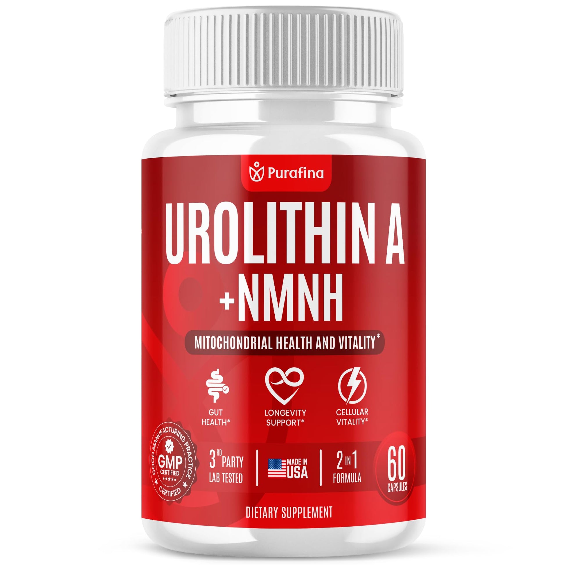Purafina Urolithin A Supplement with NMNH for Mitochondrial Support, Cellular Energy, Healthy Aging, Muscle Health, Vitality & Cellular Wellness, 60 Capsules