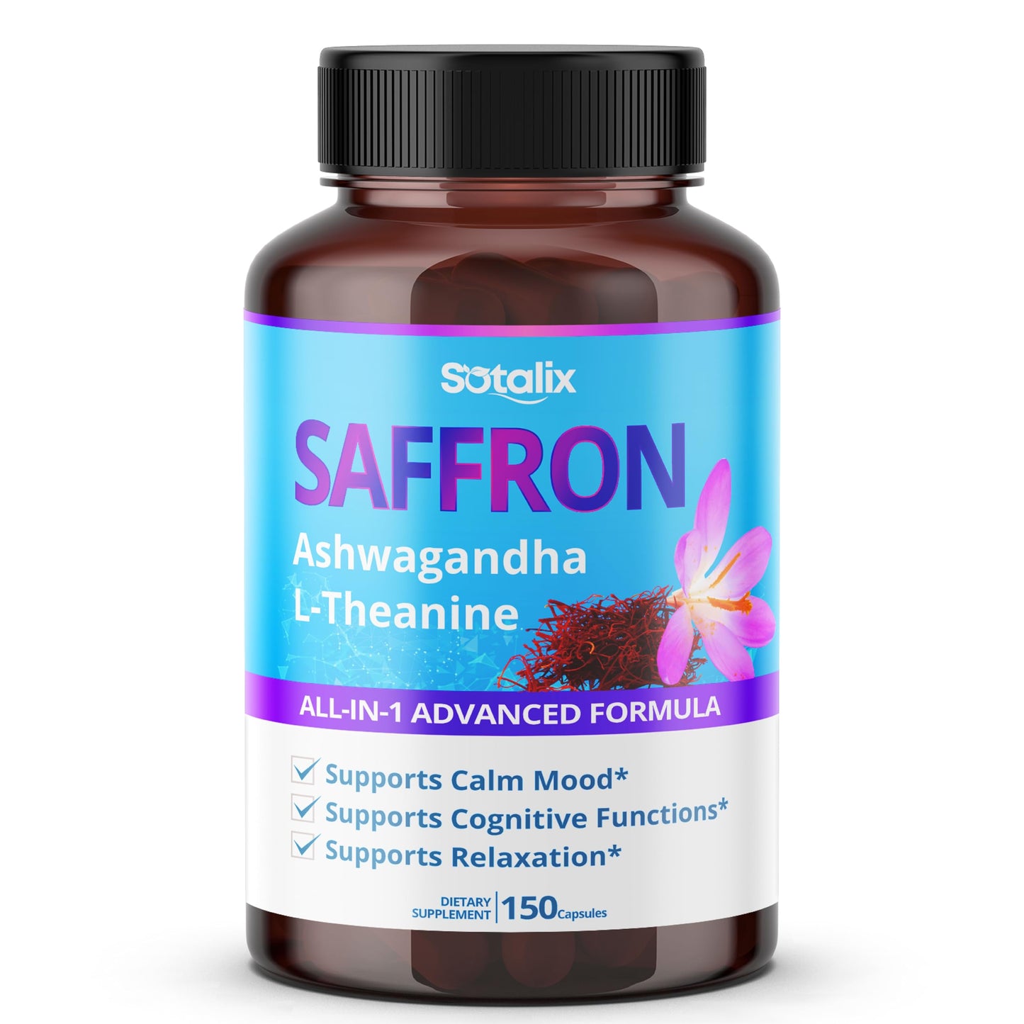 SOTALIX SUPPLEMENT Saffron with Ashwagandha, Ginseng, L-Theanine, Relaxation, Restore, 150 Capsules