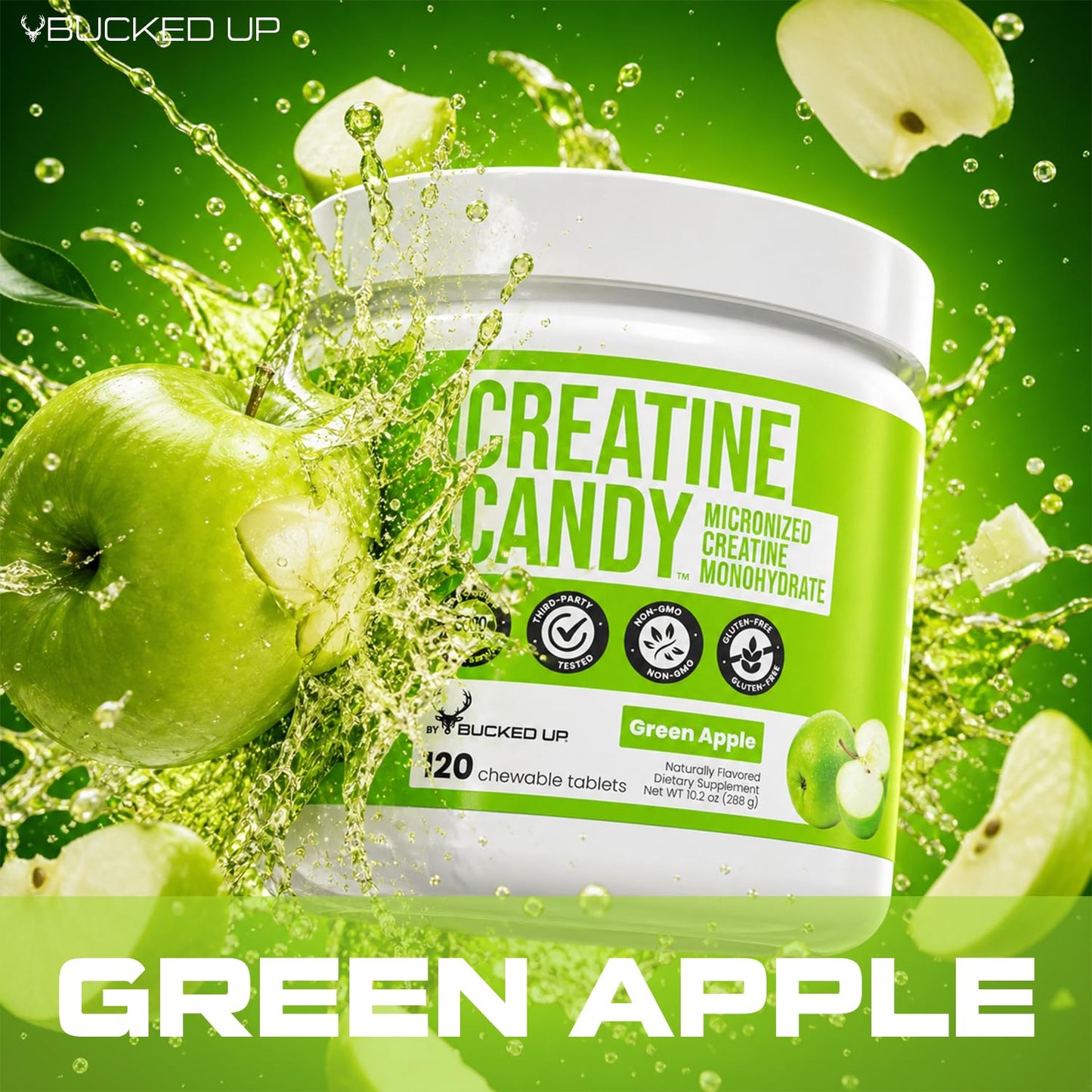 Bucked Up Creatine Candy Green Apple Tablets, 24 Count