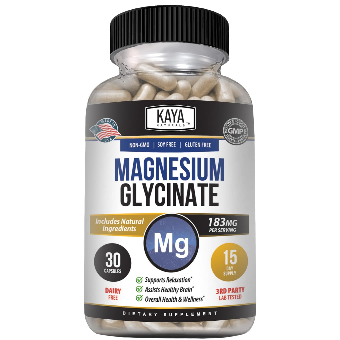 Kaya Naturals Magnesium Glycinate 183mg per Capsule, Chelated for Maximum Absorption, 30 Count