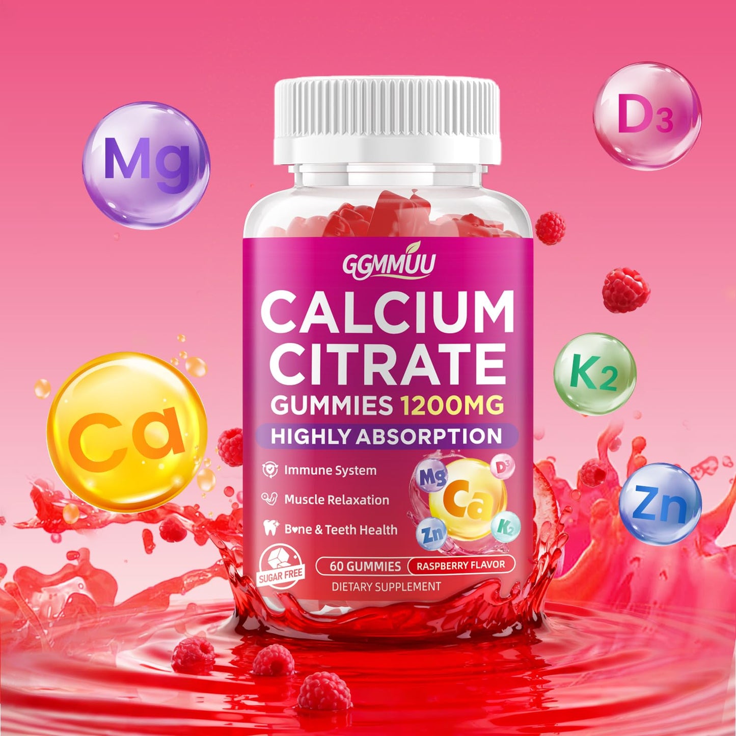 GGMMUU Calcium Citrate Gummies 1200mg, High Absorption Calcium Supplements for Women & Men, Sugar Free, Non-GMO, Raspberry Flavor, 120 Gummies