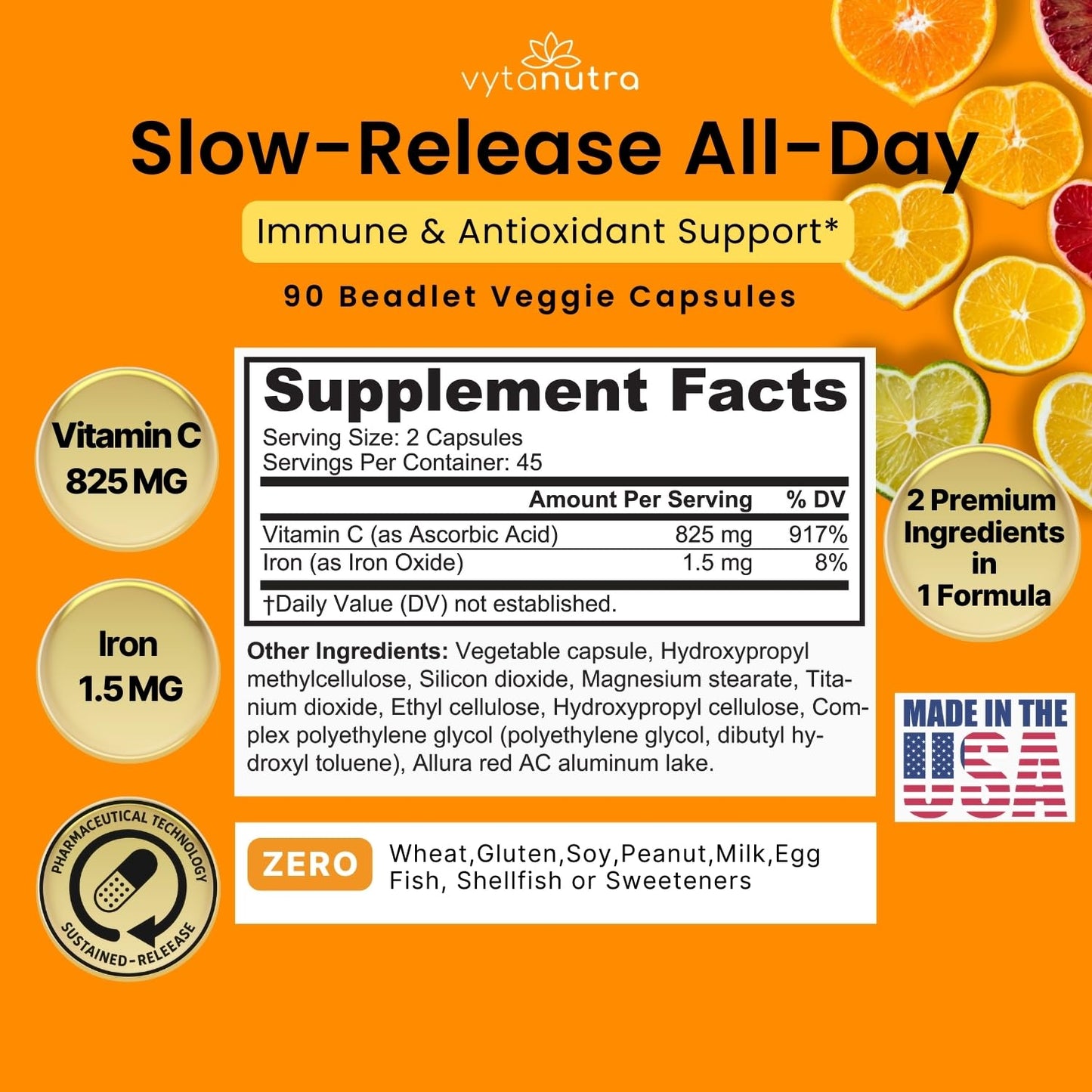 Vytanutra Immune Support Vitamin C – with Iron Capsules, 90 Count