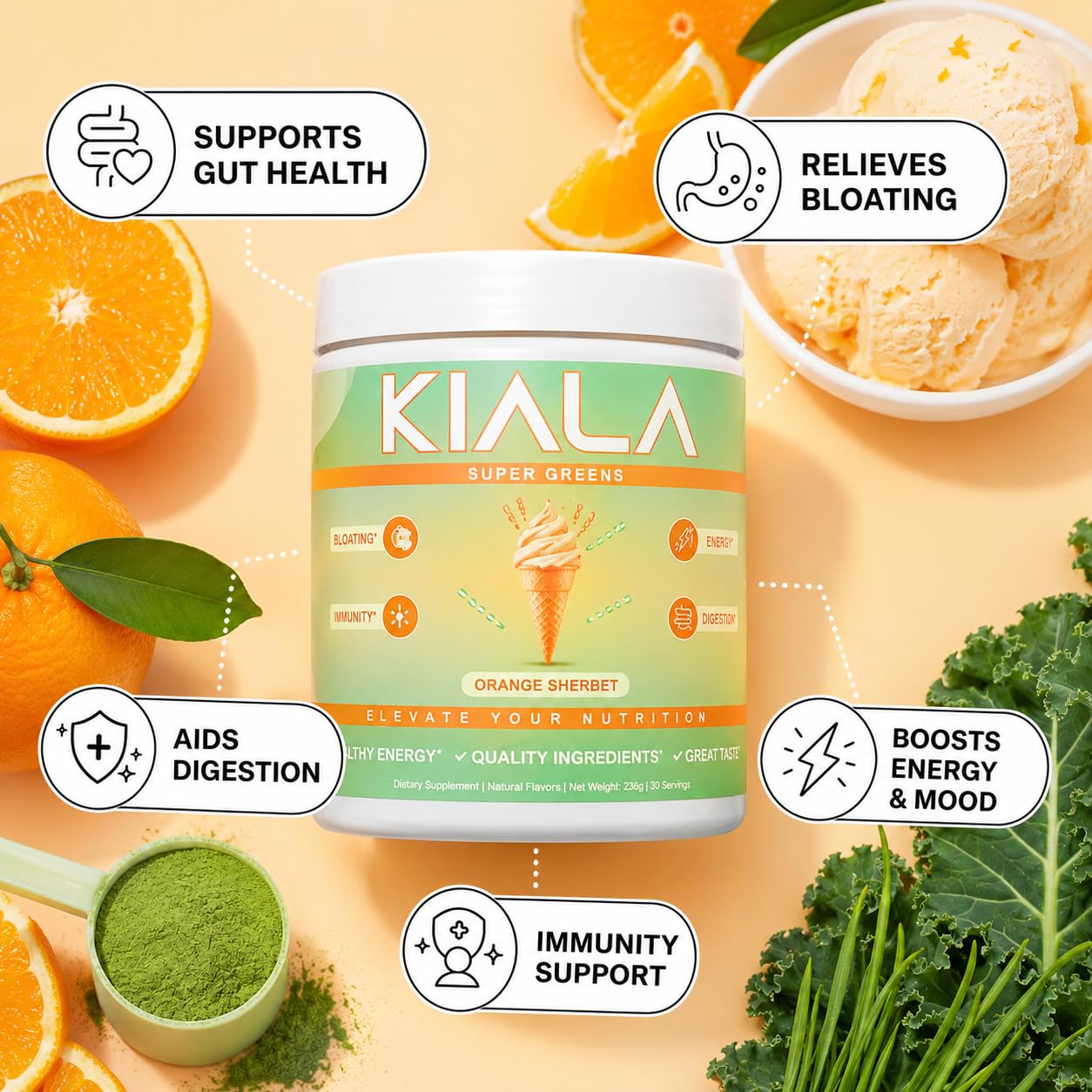 Kiala Nutrition Super Greens Organic Greens Powder with Spirulina & Chlorella, 8.6 oz