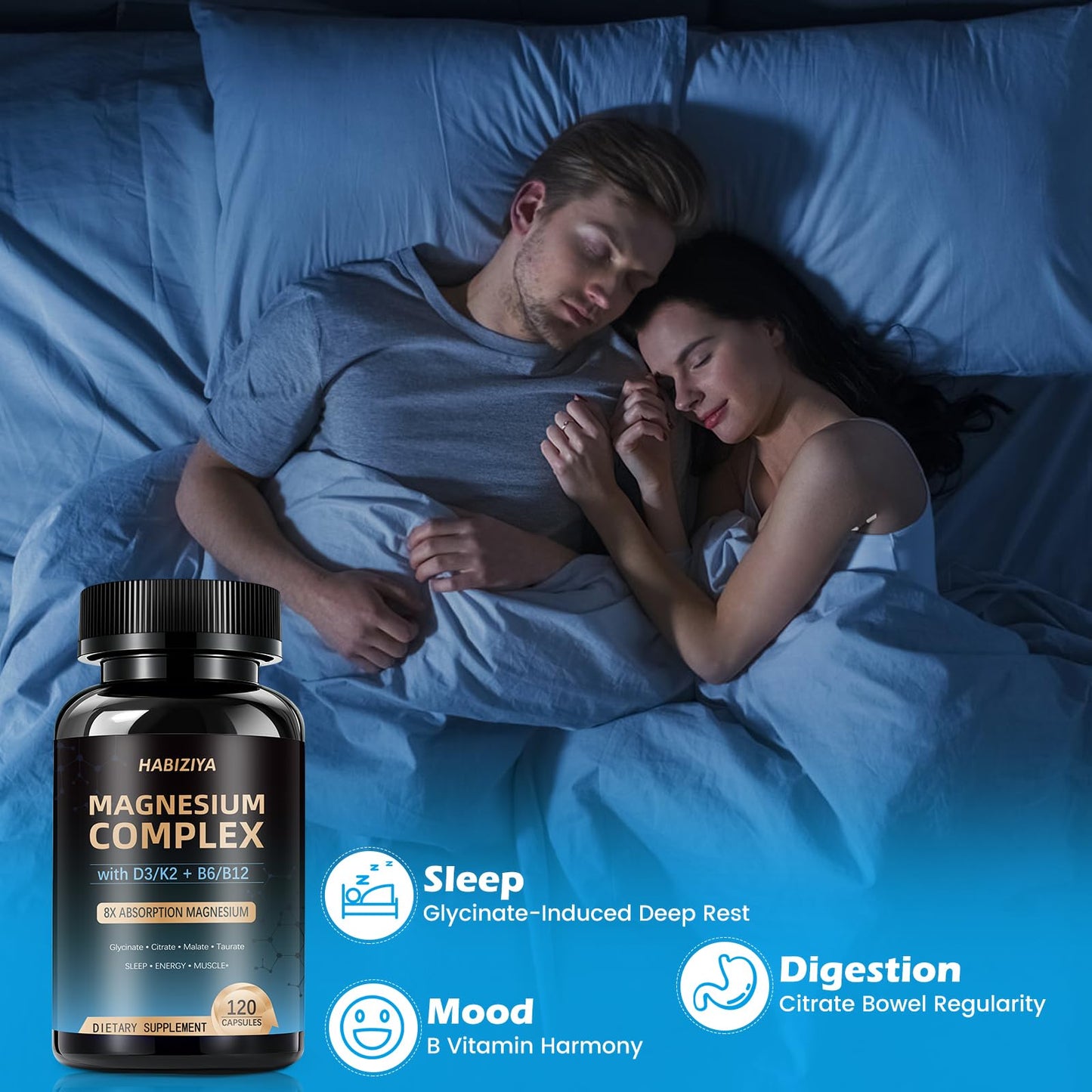 HABIZIYA Magnesium Complex 600mg with D3, K2 MK7 & B Vitamins High-Absorption Capsules, Vegan, 120 Capsules