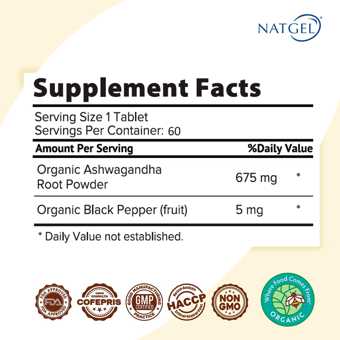 NATGEL Organic Ashwagandha Root Extract Tablets, 60 Count