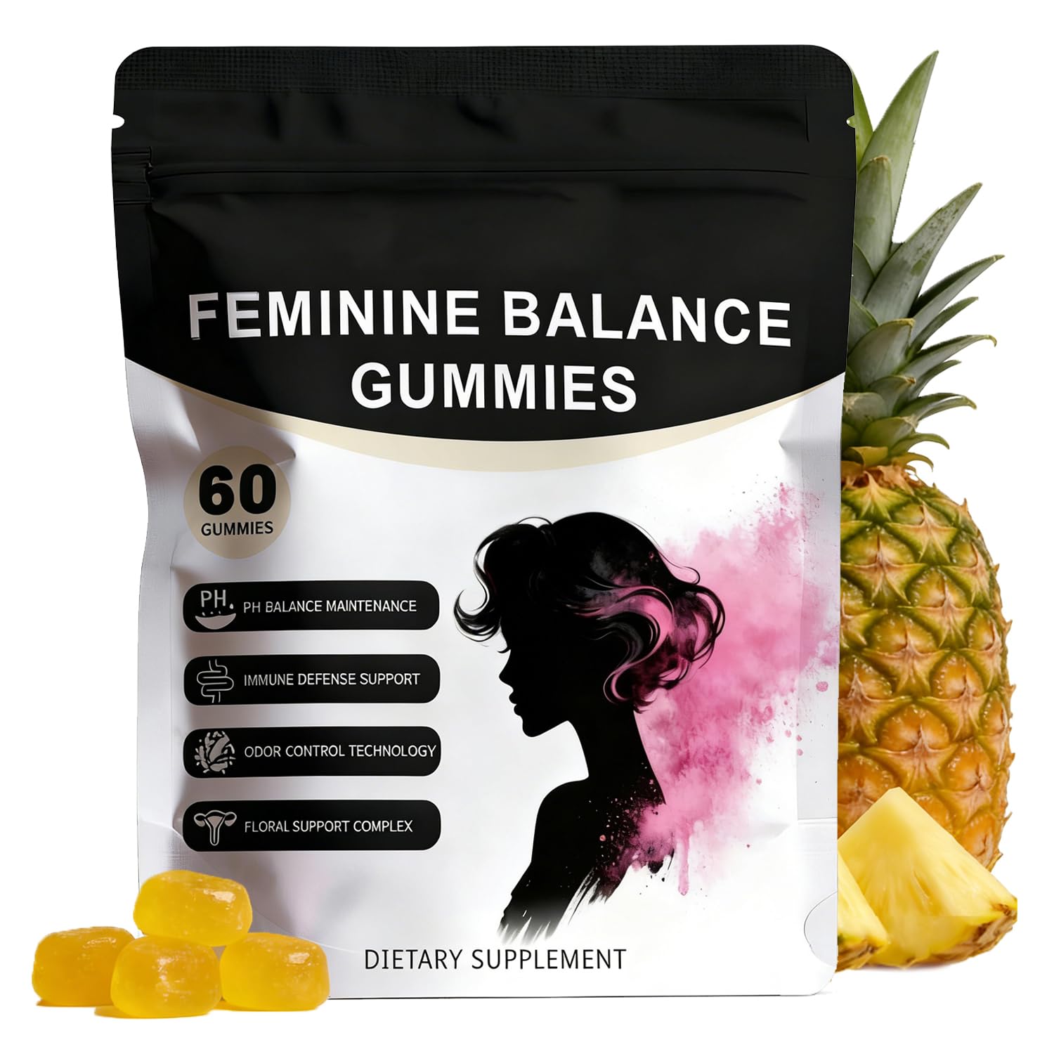 QYGCHUSIN Feminine Balance Gummies for Women - Vegan Pineapple Gummy Vitamins, Supports Vaginal pH & Healthy Flora, 60 Gummies