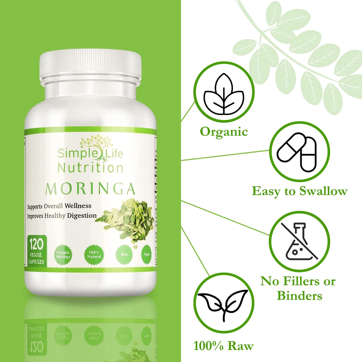 Simple Life Nutrition Organic Moringa Powder Capsules 120 Count