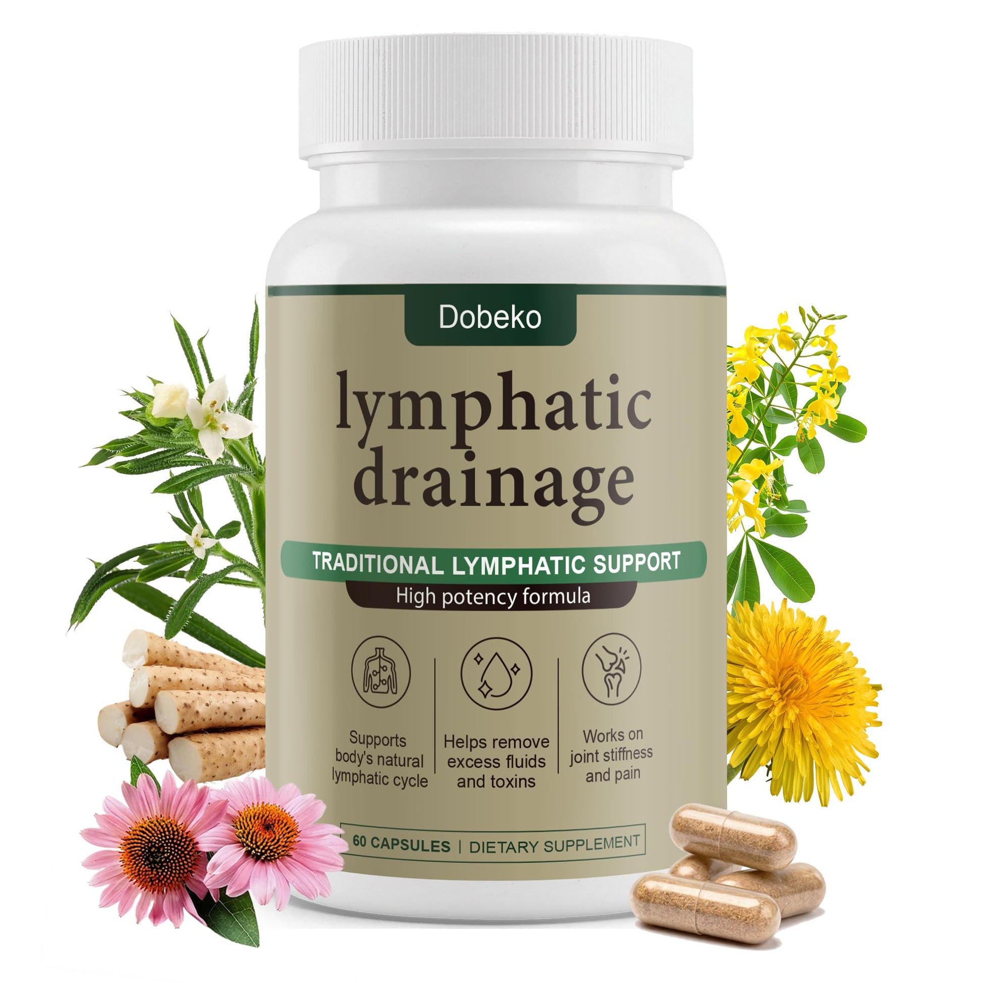 Dobeko Lymphatic Drainage Supplements Support Fluid Balance & Lymph System Health, 60 Capsules