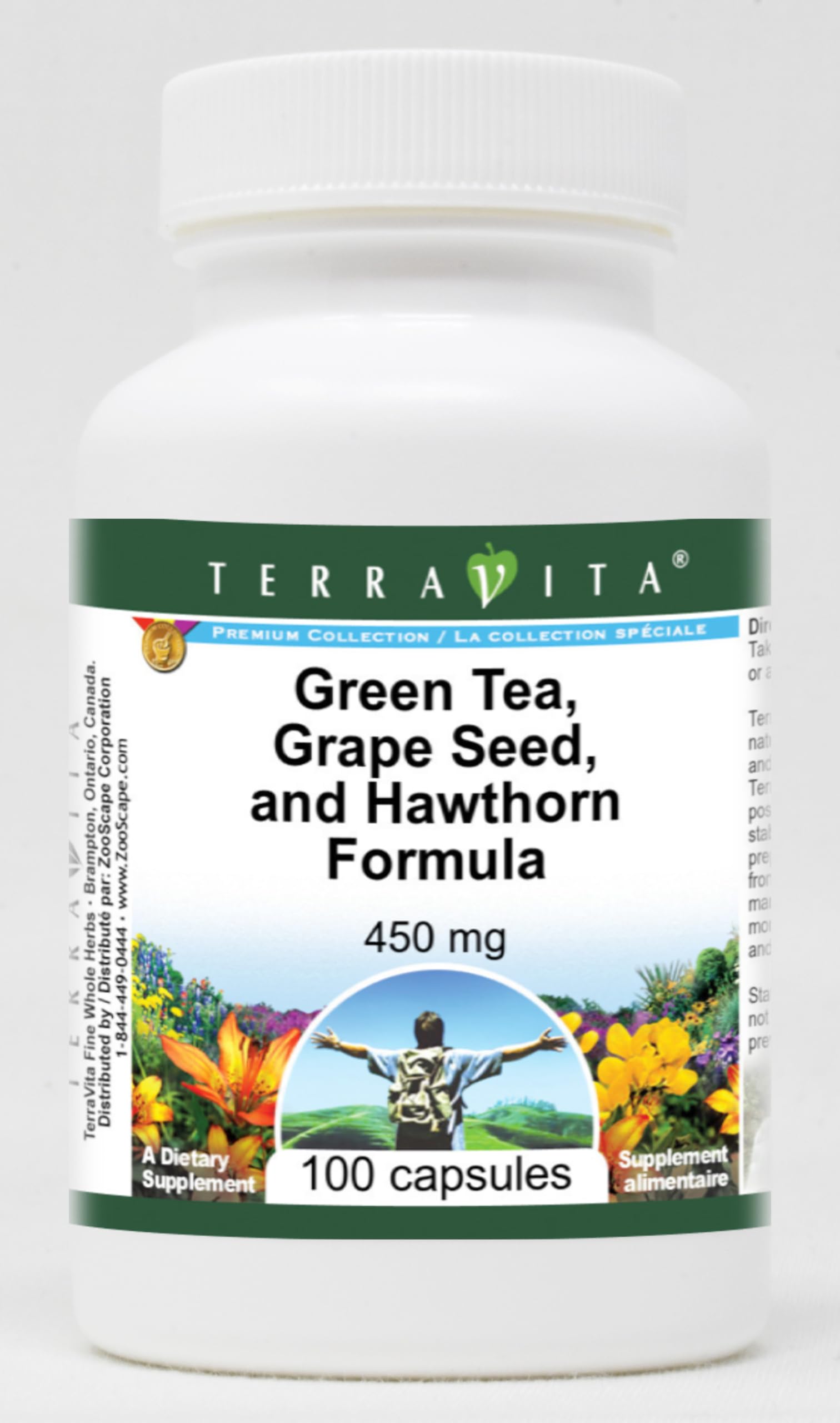 Terravita High Blood Pressure Support - Green Tea, Grape Seed and Hawthorn - 450 mg, 300 Capsules
