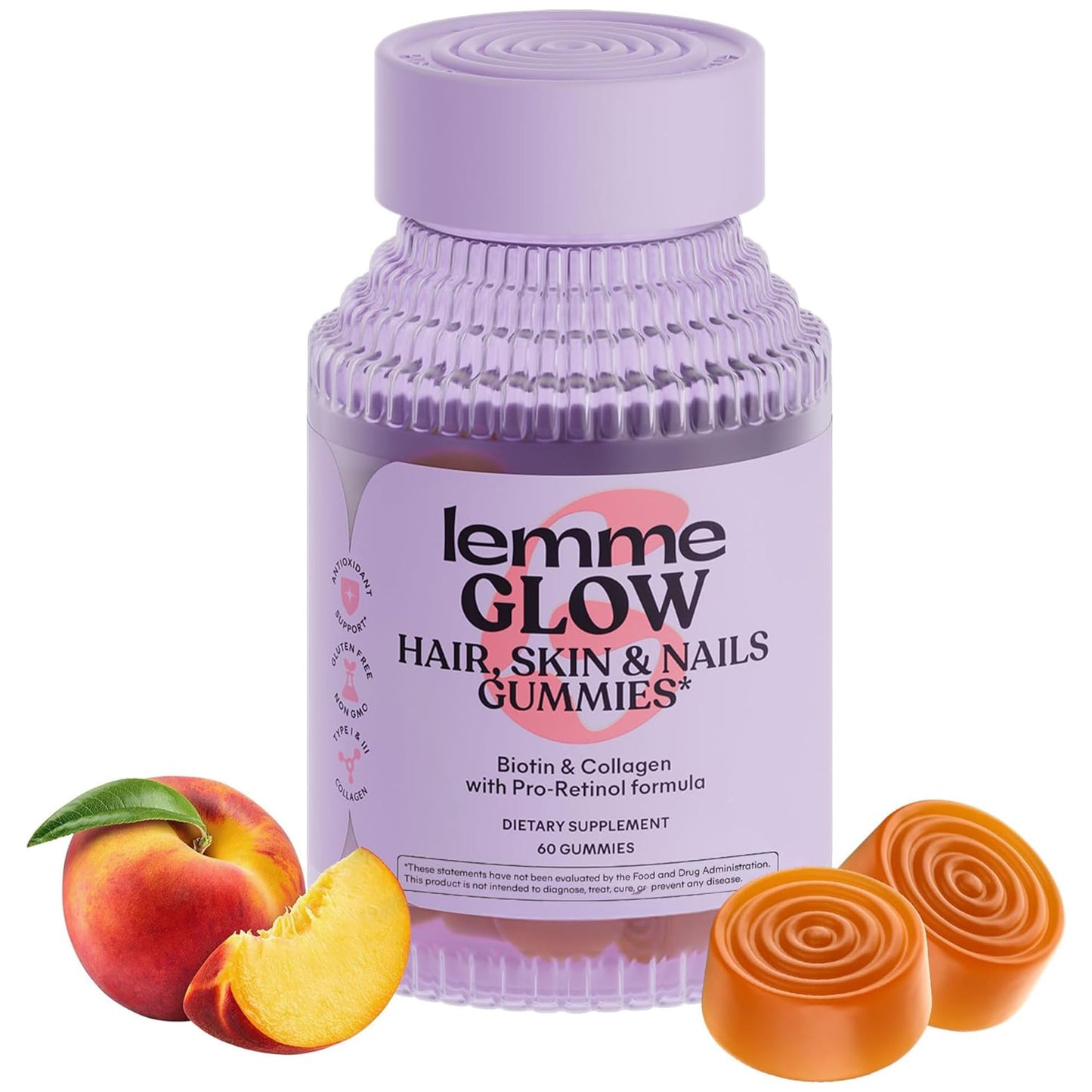 Lemme Glow Collagen Gummies for Thick Hair, Strong Nails & Healthy Skin with Multi-Collagen Peptides, Biotin, Trace Minerals, Zinc, Vitamins A, C & E, 60 Gummies