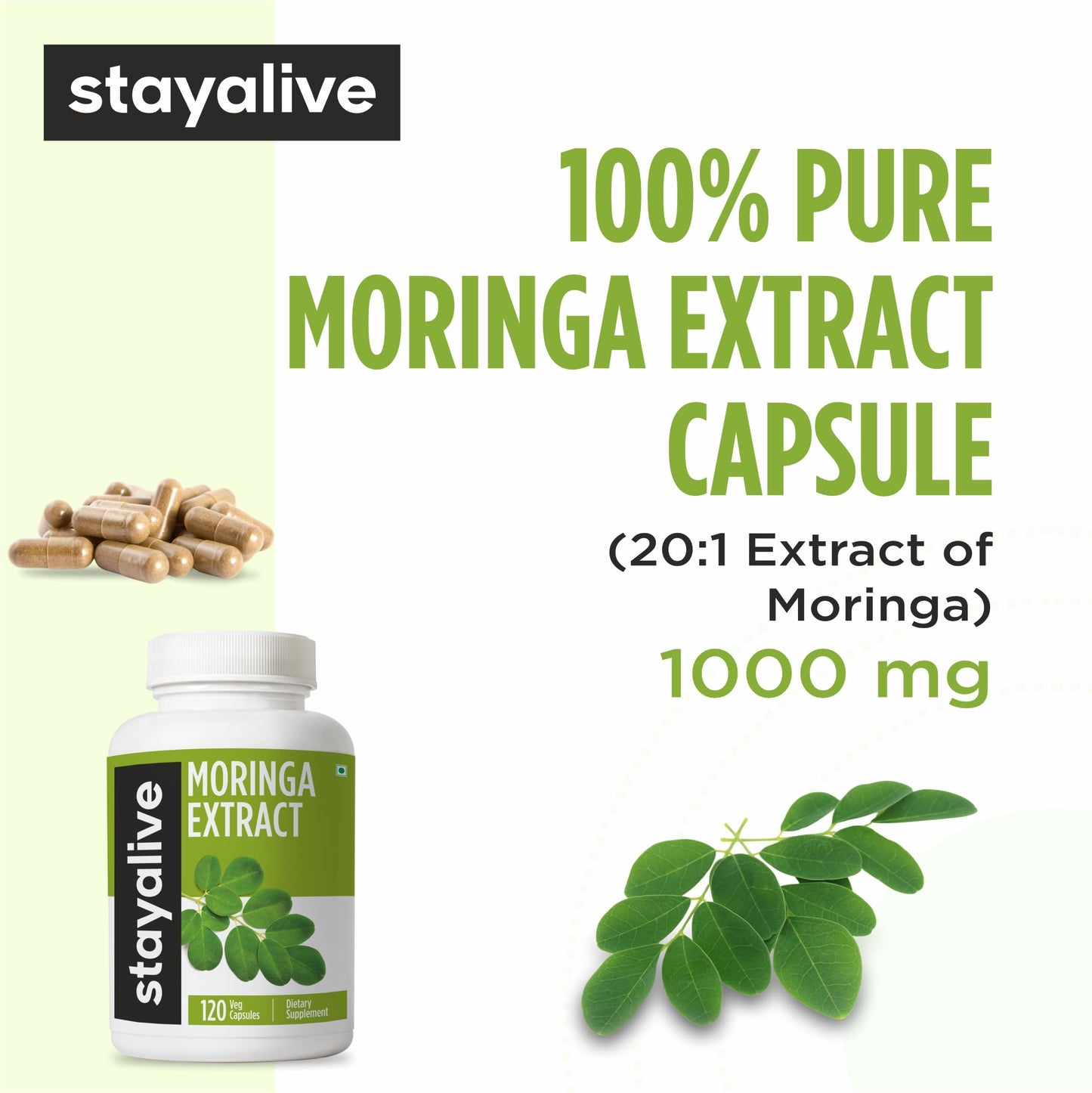 STAY ALIVE Moringa Capsules 1000mg 20:1 Extract, 120 Count