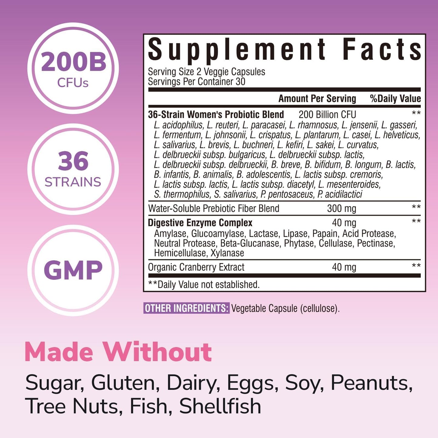 Vitalibre Probiotics for Women 200 Billion CFU, 36 Unique Strains with Cranberry Prebiotics & Digestive Enzymes, High Potency Vaginal Probiotics, Full-Spectrum Gut Health, 60 Vegan Capsules