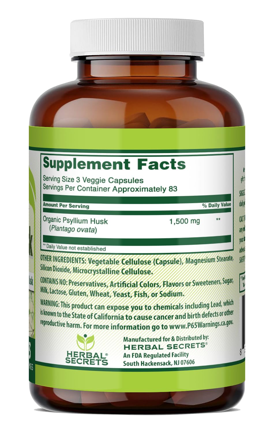 Herbal Secrets Psyllium Husk Supplement Capsule 250 Veggie Capsules