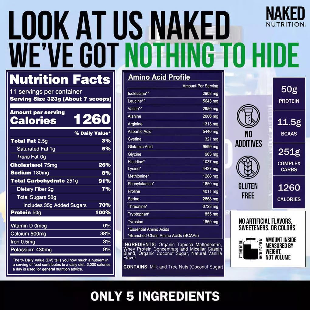 NAKED Vanilla Mass All Natural Vanilla Weight Gainer Protein Powder, 8 lb, 128 Servings
