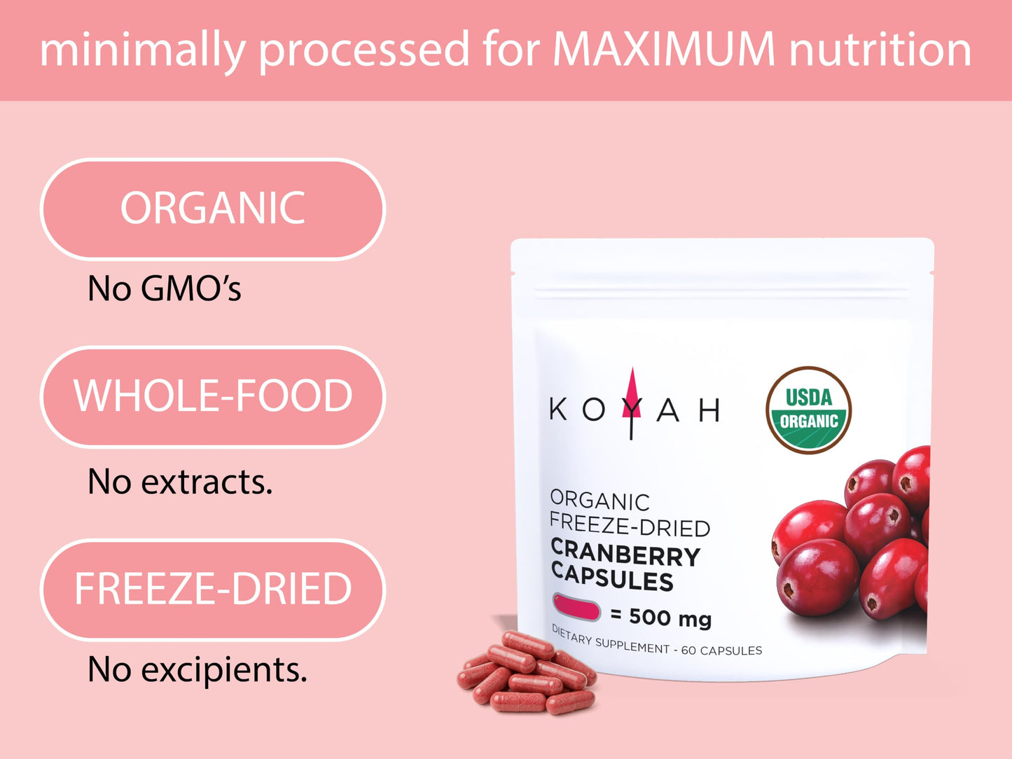 KOYAH Organic Cranberry, Freeze-Dried Capsules, 60 Count
