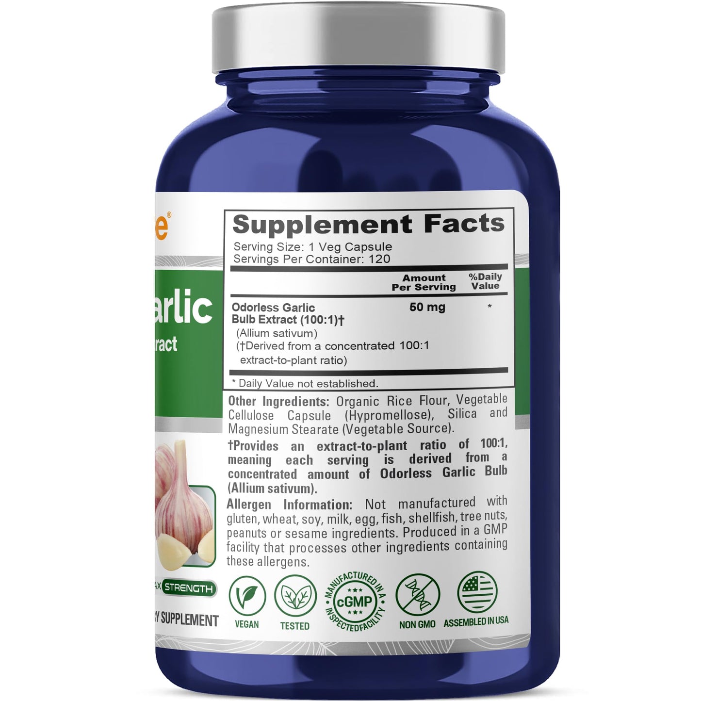 NusaPure Odorless Garlic 50mg Capsules, 120 Count