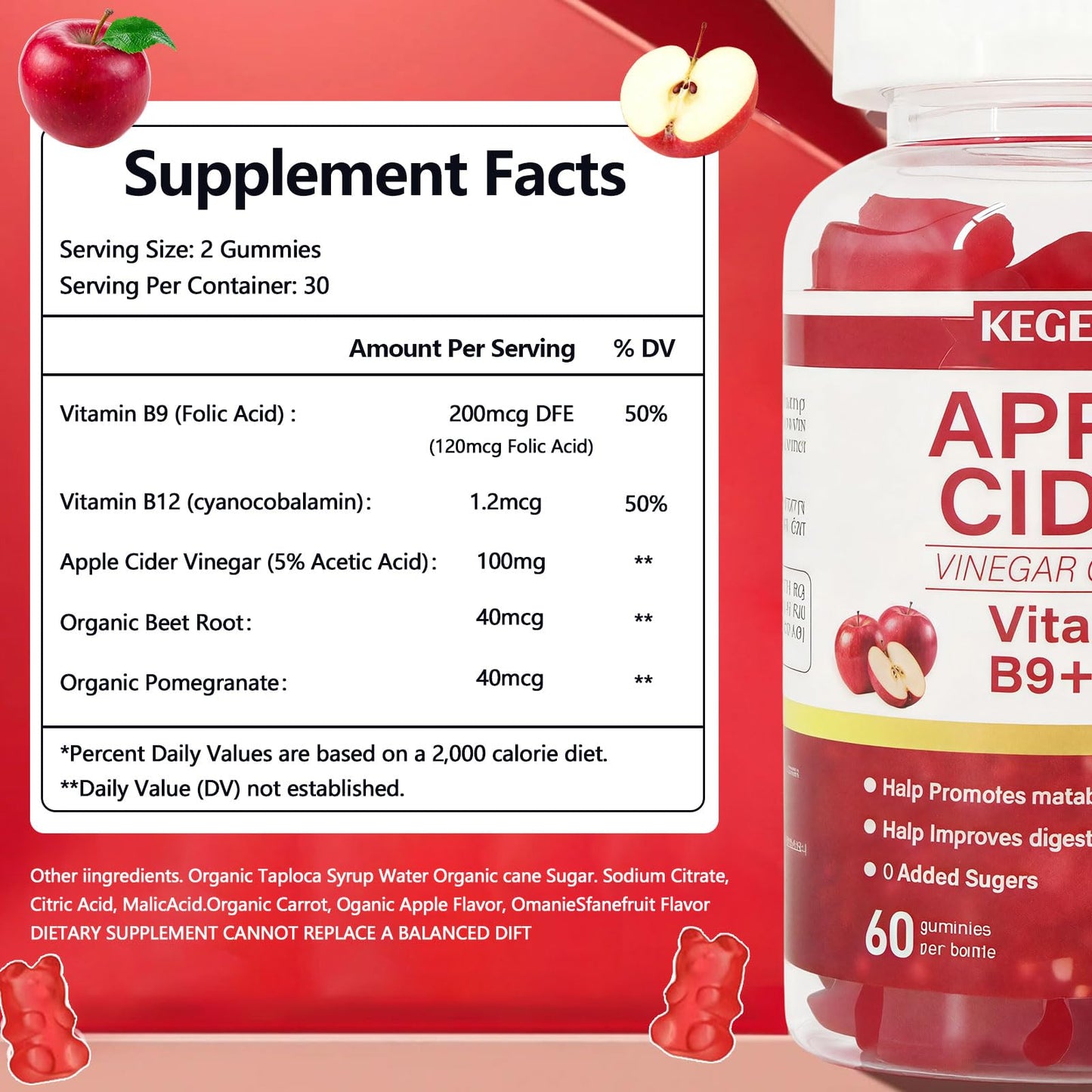 KEGECOL Apple Cider Vinegar Gummy Vitamins 60 Count