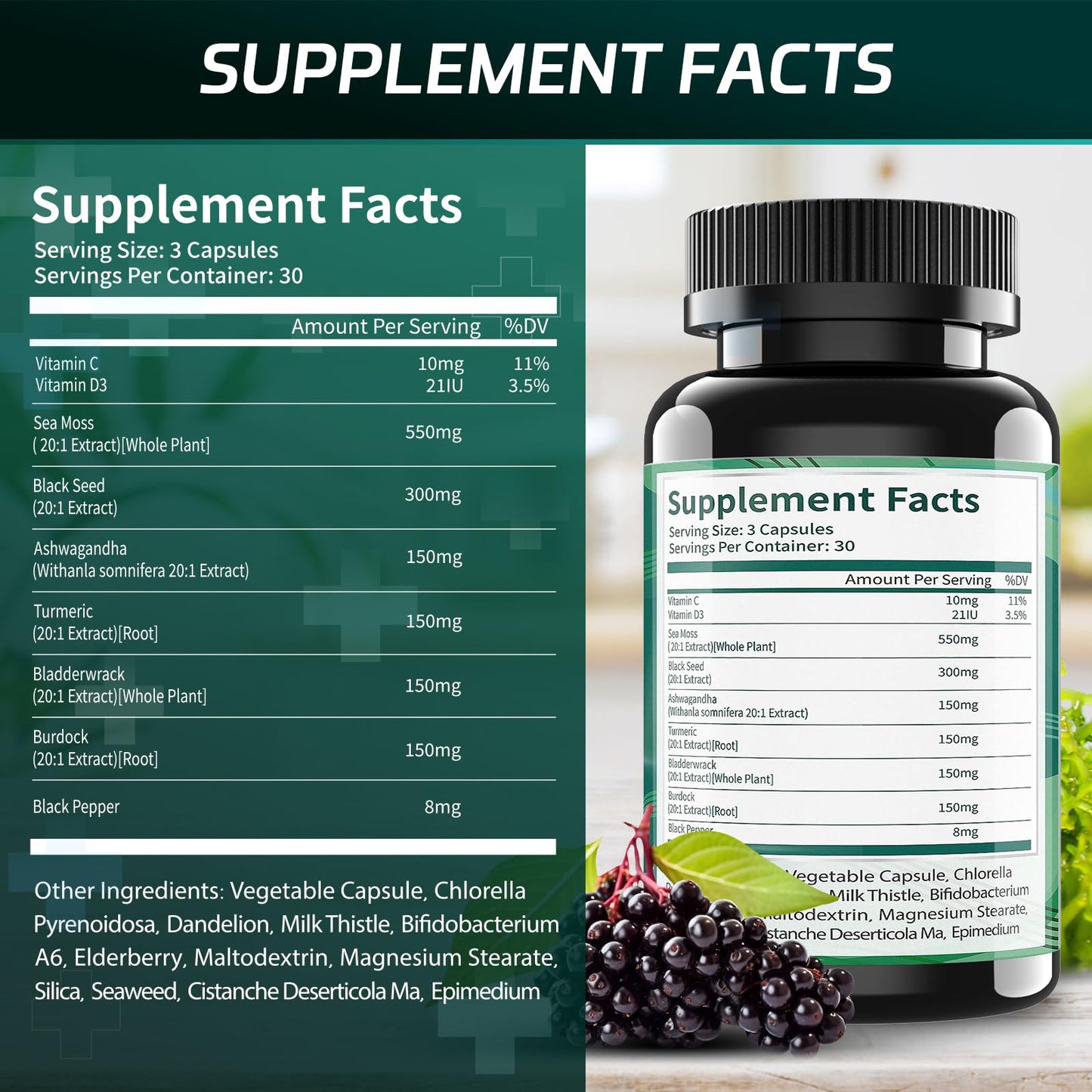 Uheco 21-in-1 Superfood Advanced Irish Sea Moss Capsules, 90 Count