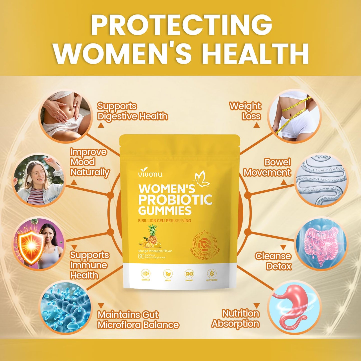 VivoNu Pineapple Probiotic Gummies for Women Gummy 180 Count