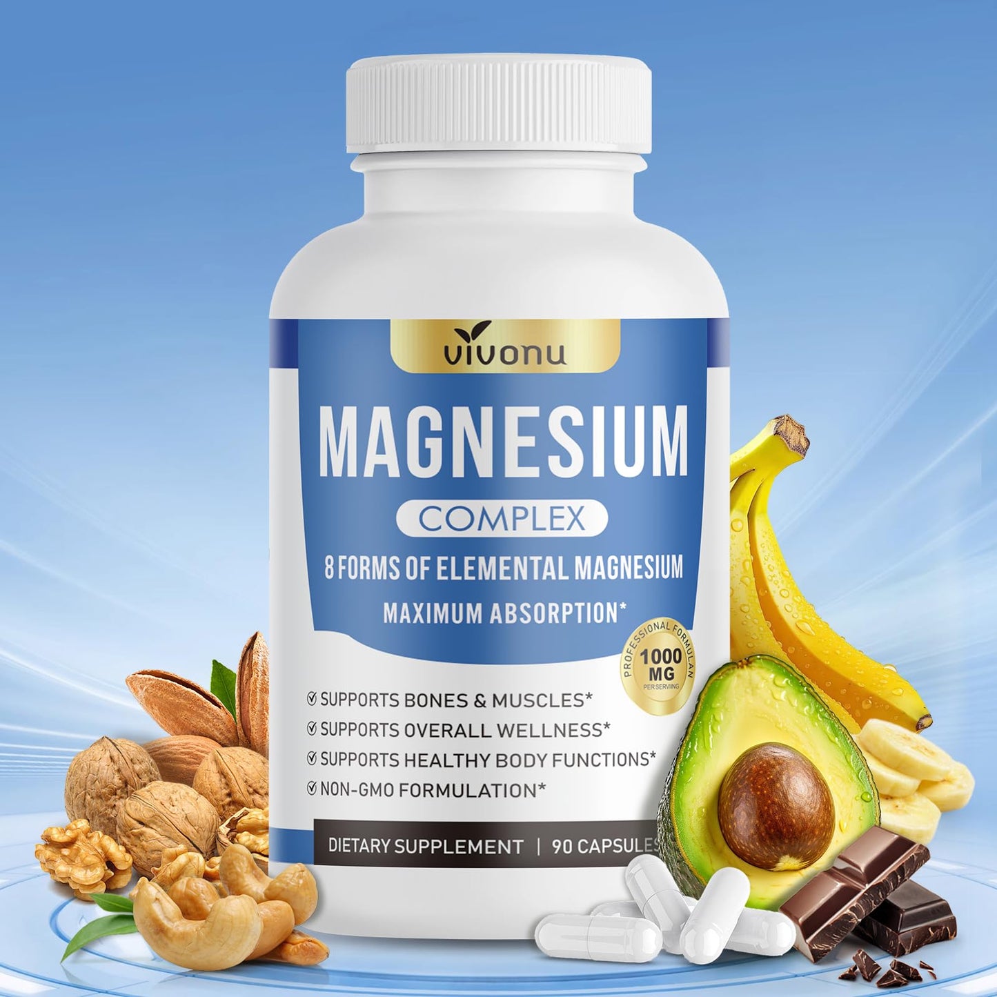 VivoNu 1000mg Magnesium Complex for Women & Men Capsules, 90 Count