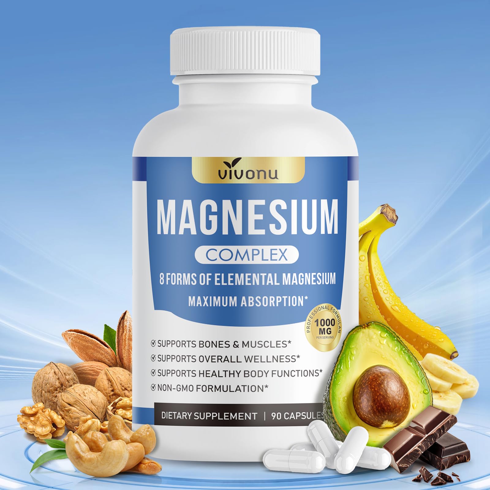 VivoNu 1000mg Magnesium Complex for Women & Men Capsules, 90 Count