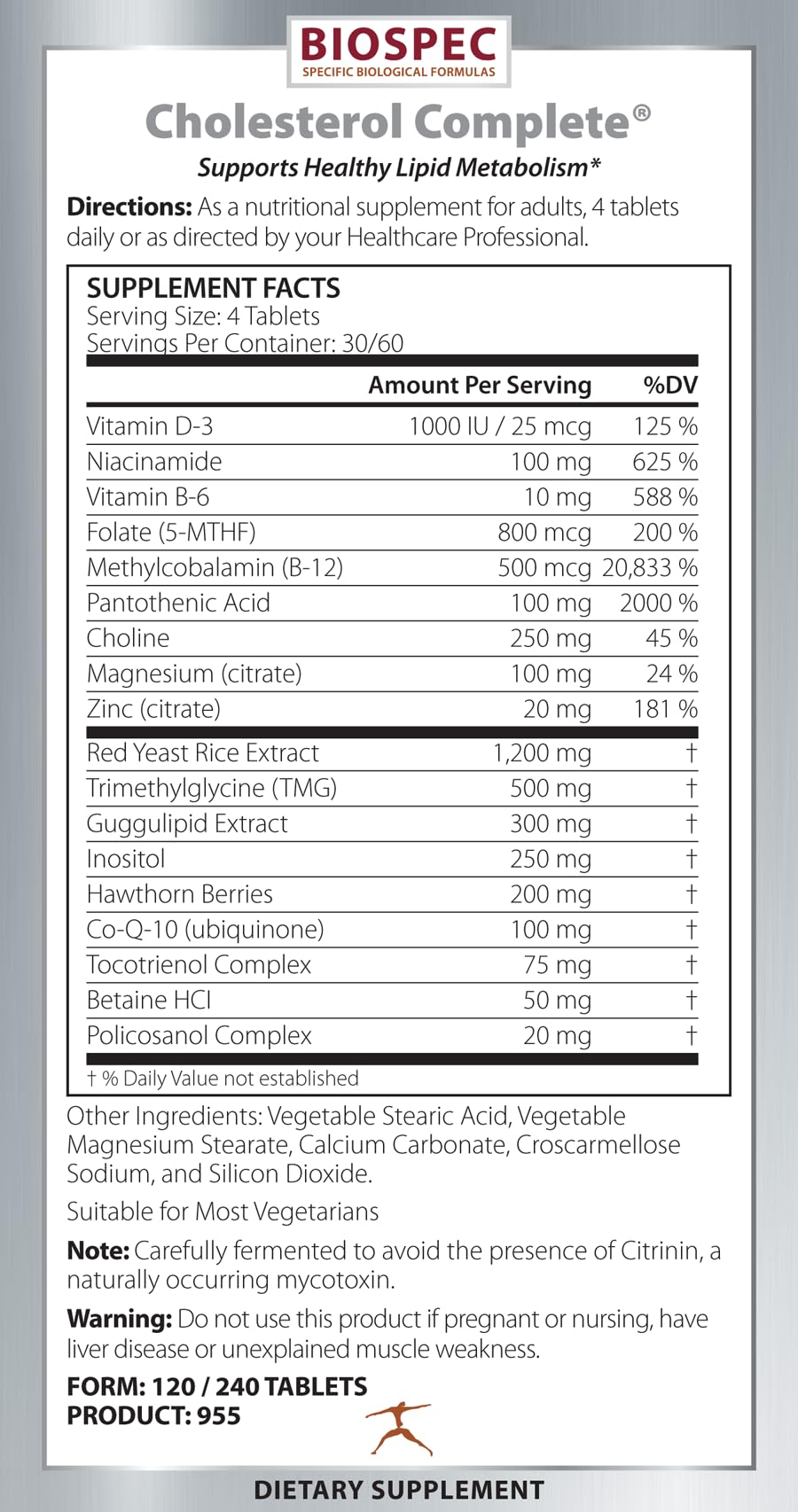 BIOSPEC NUTRITIONALS Cholesterol Complete - Natural Cholesterol Support for Cardiovascular and Heart Health, Red Yeast Rice, CO-Q-10, Hawthorn, Magnesium, 240 Tablets