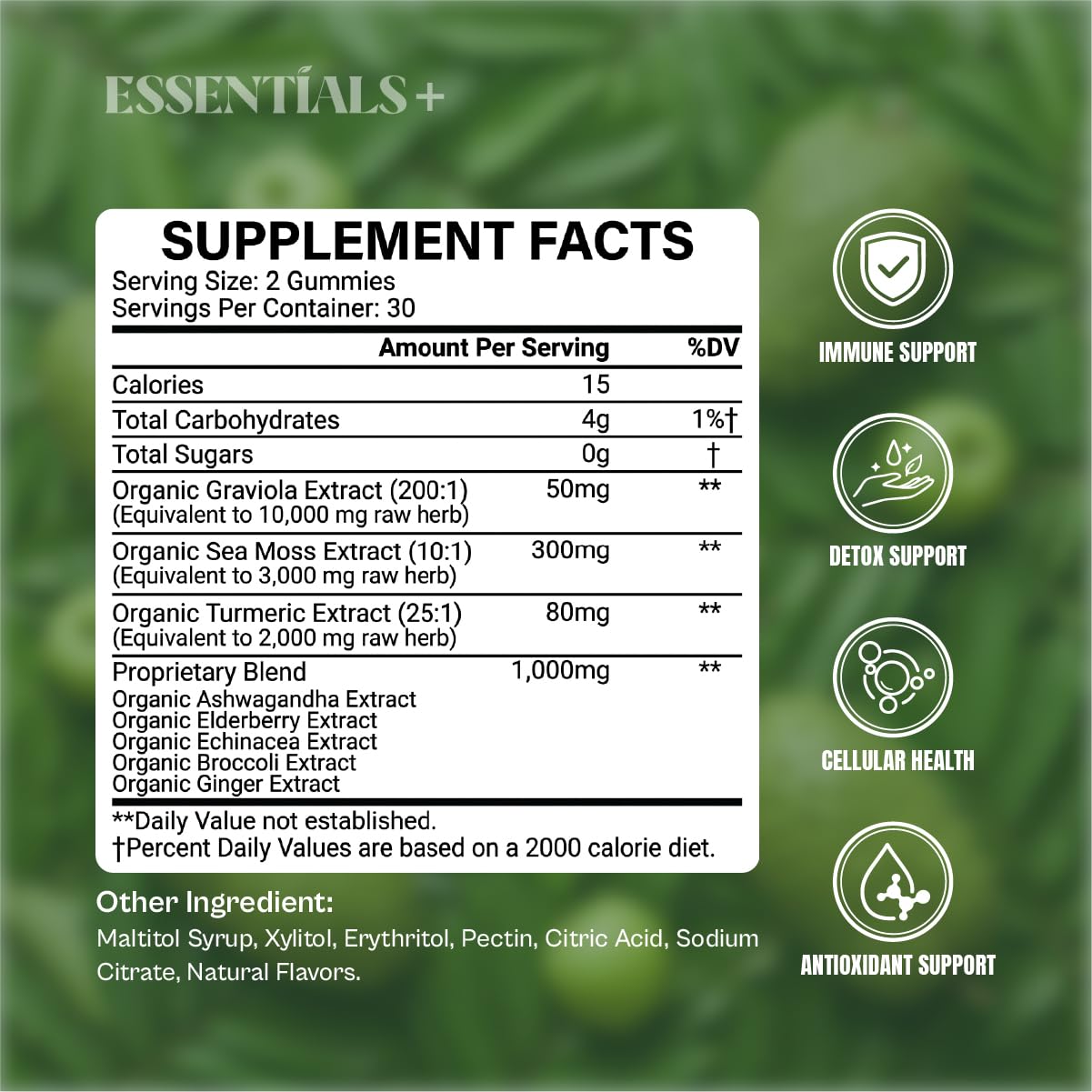 Essentials+ Soursop Gummies with Sea Moss & Elderberry, Green Apple, 60 Count