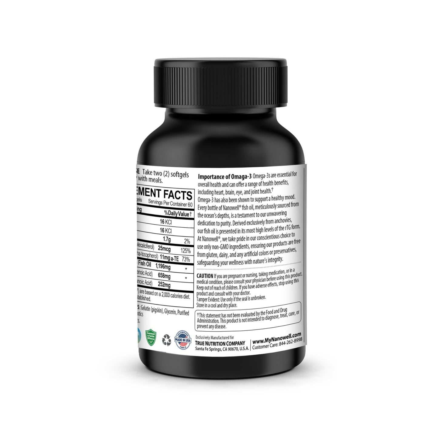 NANOWELL Wild Alaskan rTG Omega-3 Fish Oil 1196mg - EPA, DHA, Vitamin D3 & E Softgels 120
