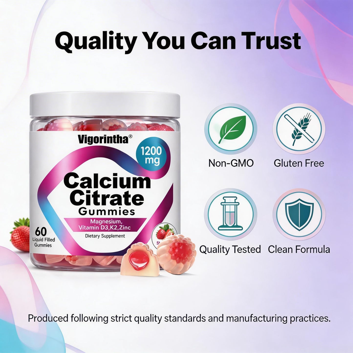 Vigorintha Calcium Citrate Gummies 1200mg with Magnesium, Vitamin D3, K2, Strawberry Flavor, 120 Gummies
