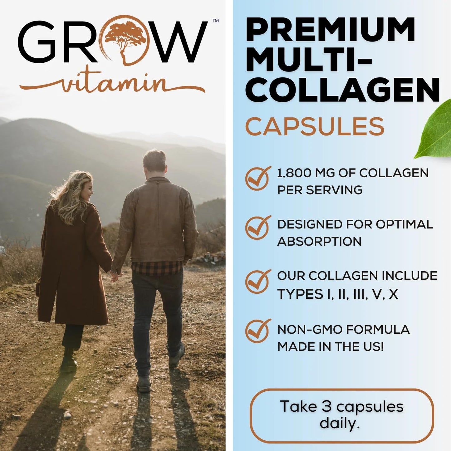Grow Vitamin Multi Collagen Capsules 1800MG - Types I, II, III, V & X - Non-GMO Grass-Fed Collagen - Hair, Skin & Nails Support - 90 Capsules