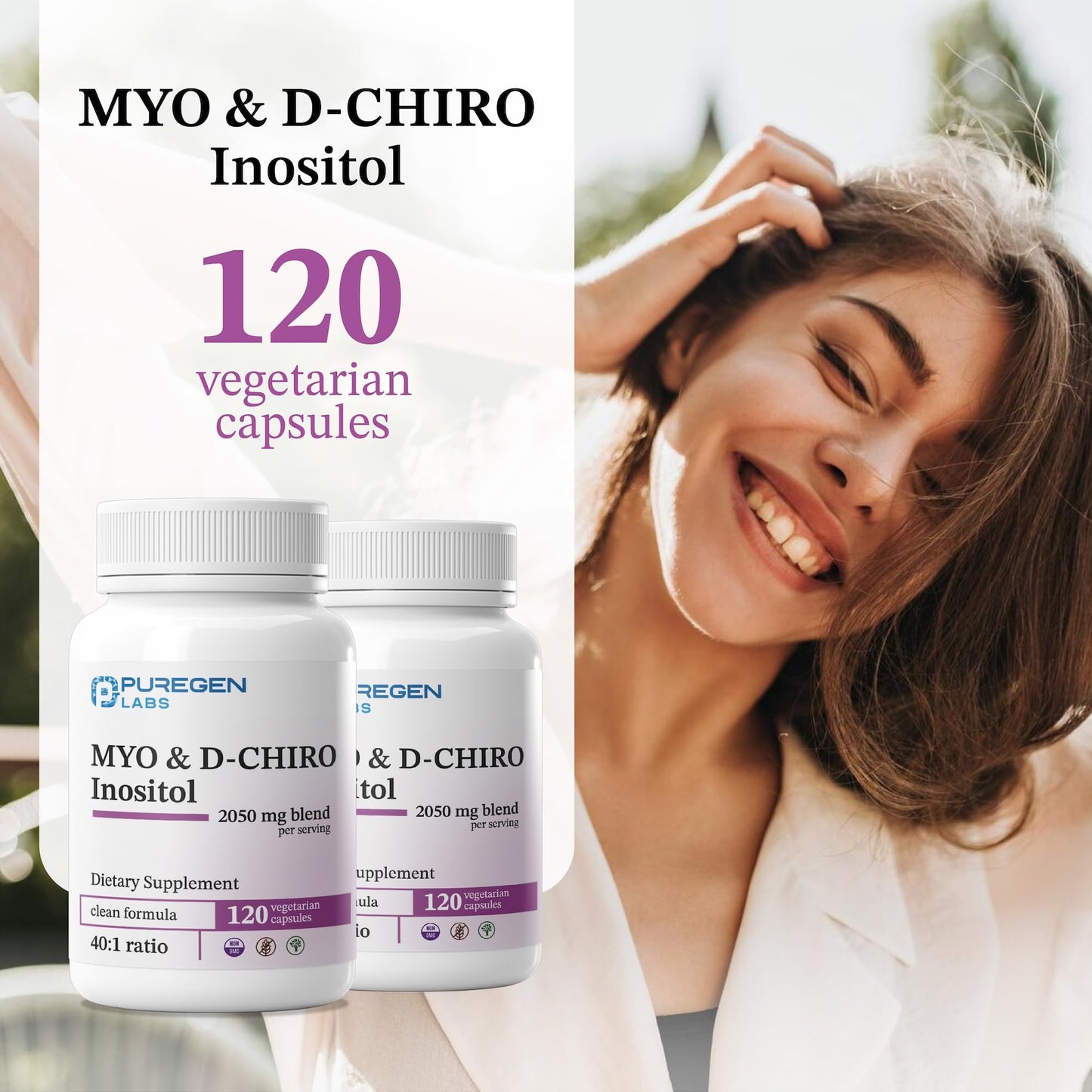 P Puregen Labs Inositol Supplement Myo Inositol & D-Chiro Inositol 2050mg Capsule 120