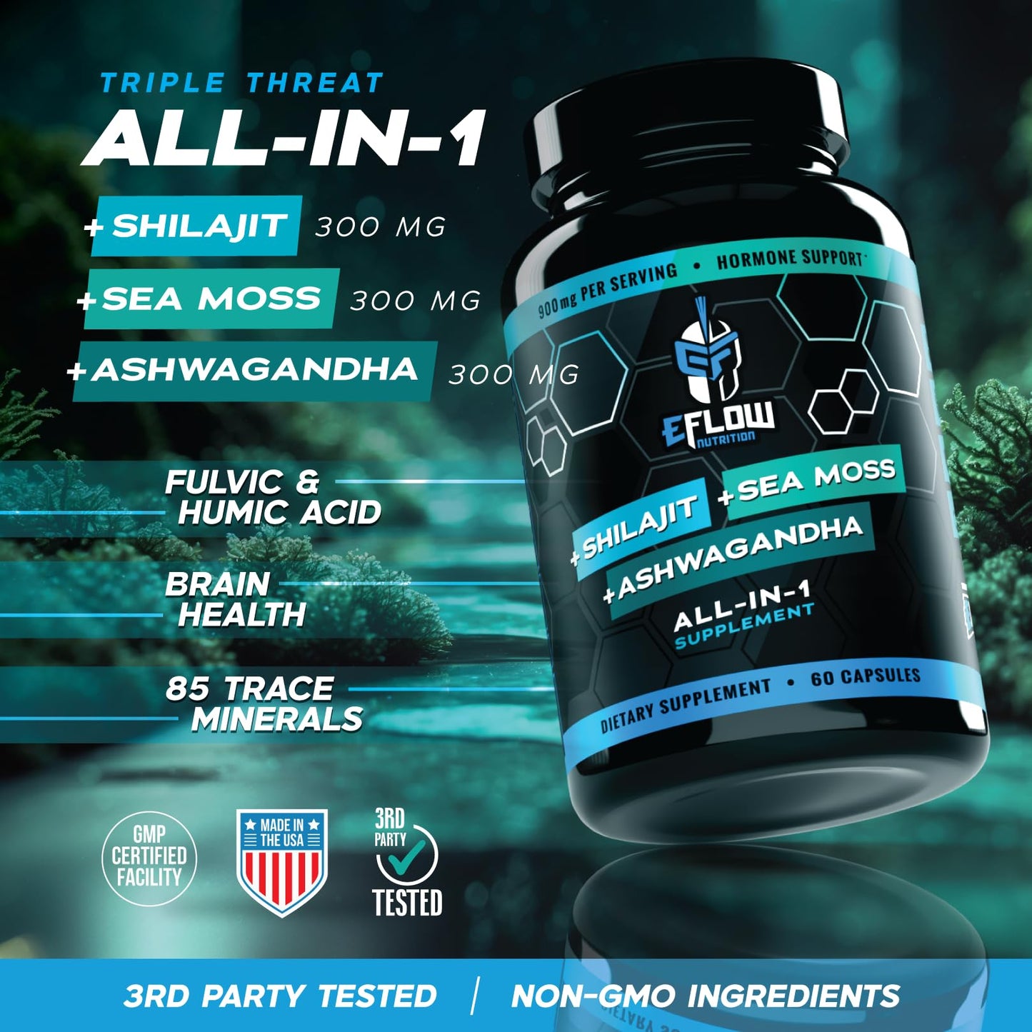 eFlow Nutrition Shilajit Capsules with Ashwagandha, Sea Moss & Trace Minerals, 60 Capsules