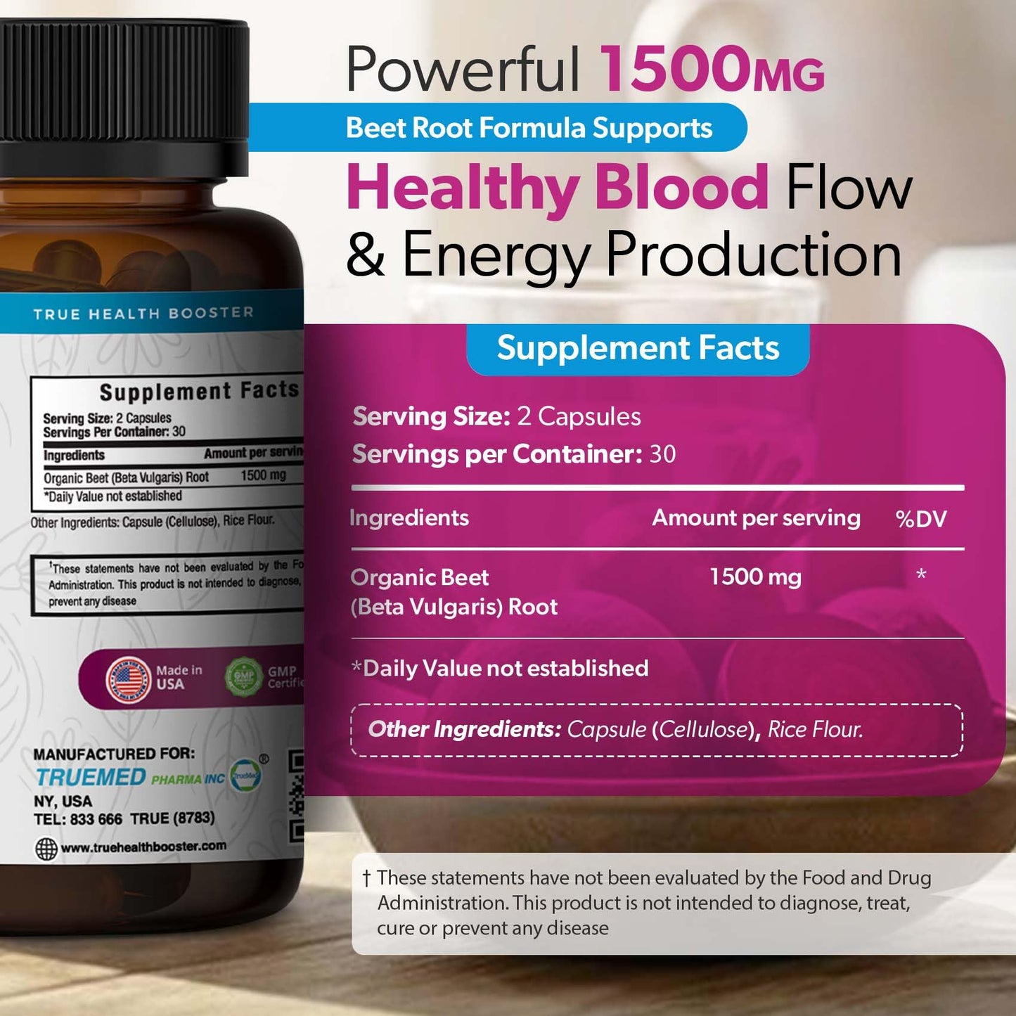 TRUEMED Organic Beetroot Capsules 1500mg, 60 Capsules
