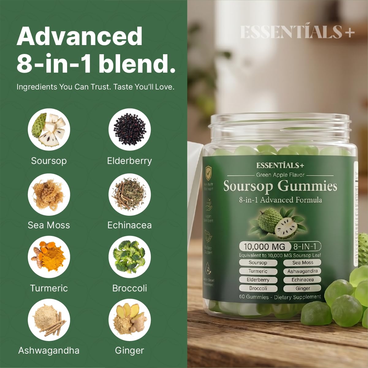 Essentials+ Soursop Gummies with Sea Moss & Elderberry, Green Apple, 60 Gummies
