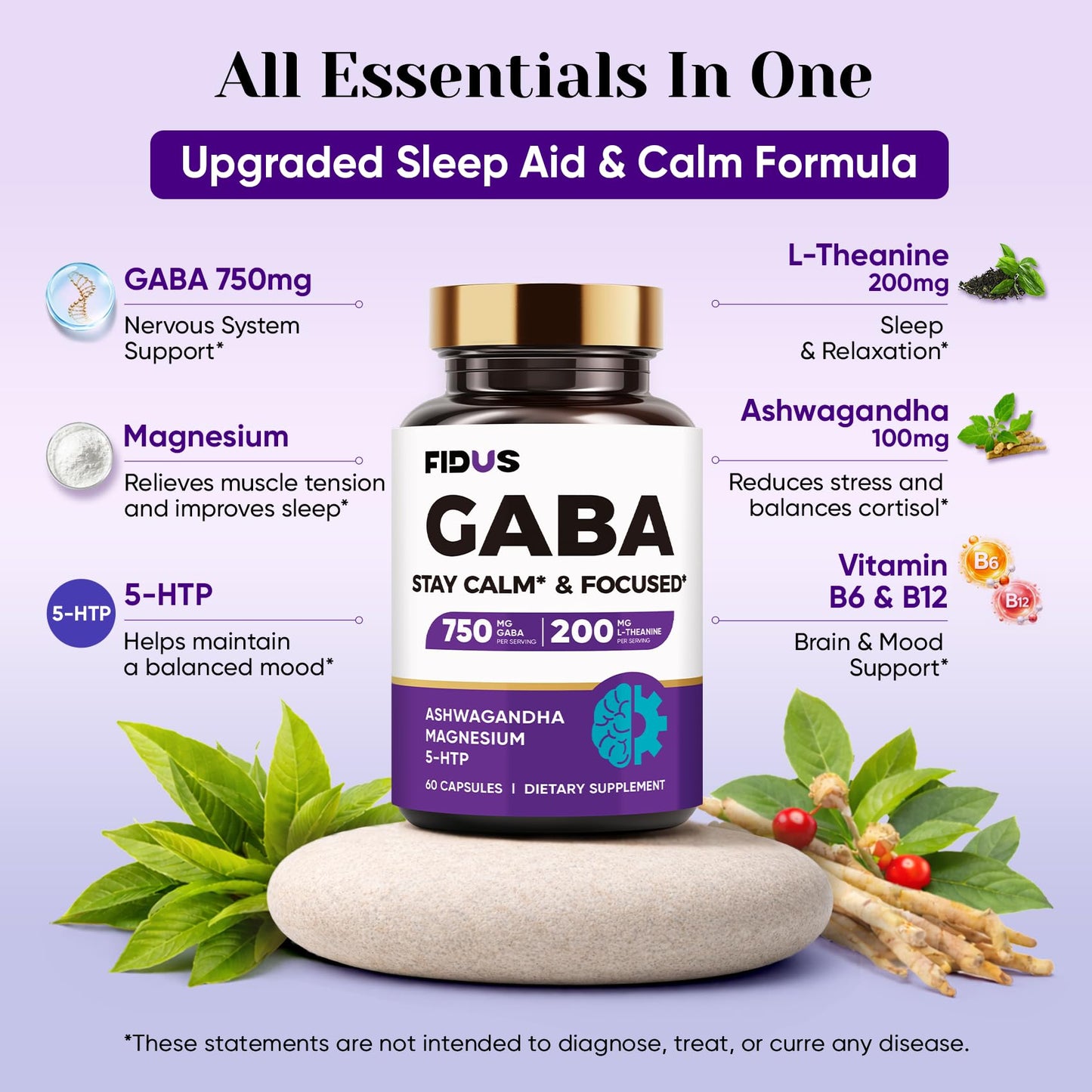 Fidus GABA L-Theanine Ashwagandha 1050mg Sleep Aid Capsule, 60 Count