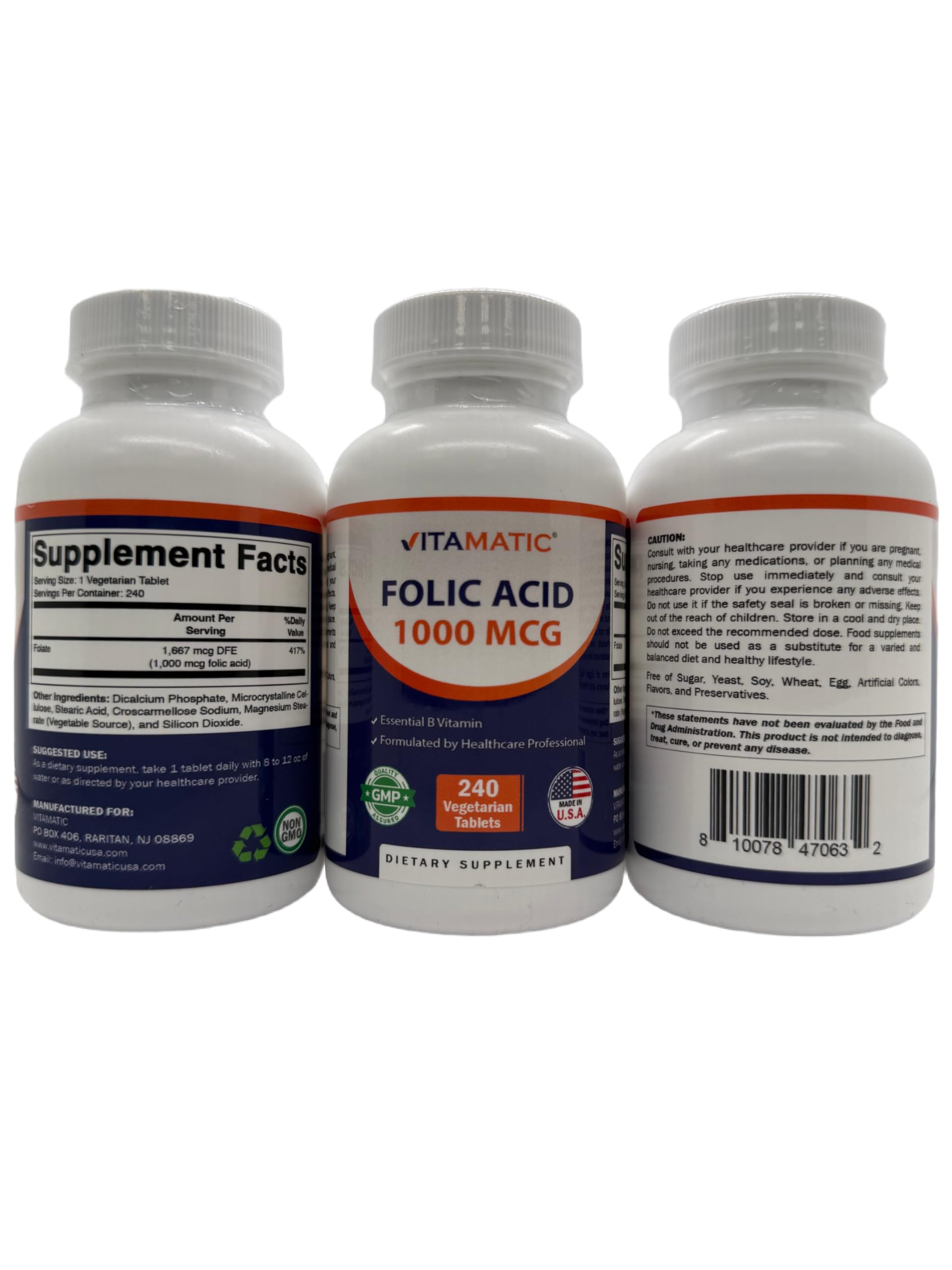 Vitamatic Folic Acid 1000 mcg (1 mg) - Vegetarian Tablets - Vitamin B9, 720 Tablets